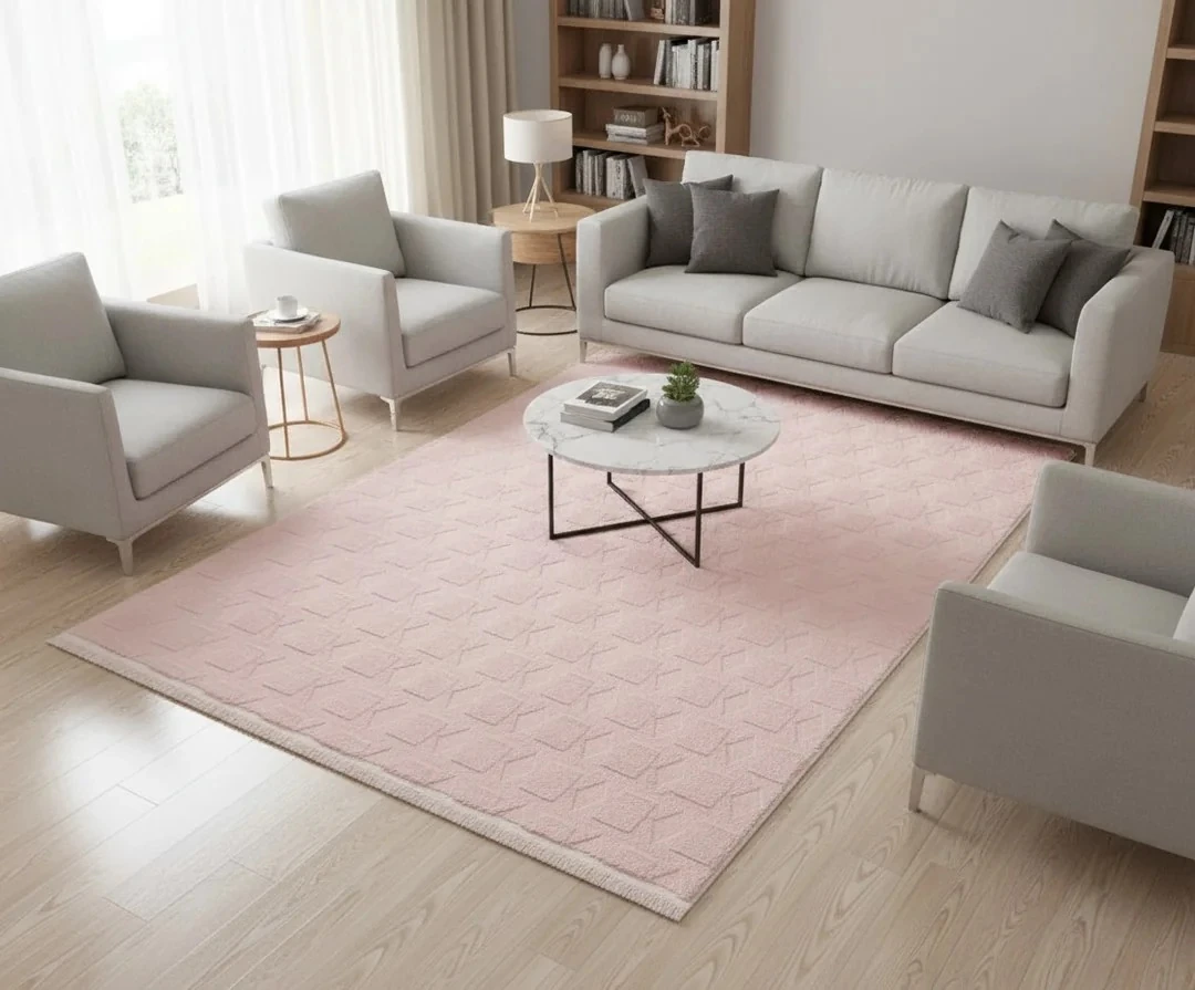 Kaydırmaz Taban Desenli Peluş Halı – Yumuşak Dokulu, Makinada Yıkanabilir, Toz Tutmaz, Modern Ev Halısı - Pudra