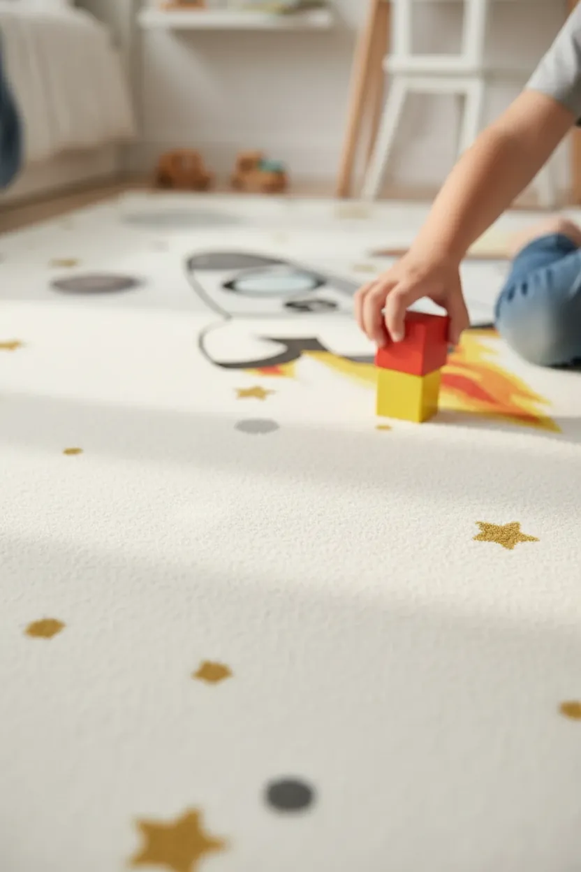 Astronot Ve Uzay Desenli Çocuk Halısı – Kaydırmaz Dot Taban, Dijital Baskı, Makinada Yıkanabilir Oyun Halısı (H-7063)