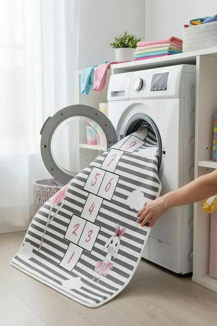 Balerin & Tavşan Desenli Çocuk Halısı – Kaydırmaz Dot Taban, Dijital Baskı, Makinada Yıkanabilir Oyun Halısı (O-1053)