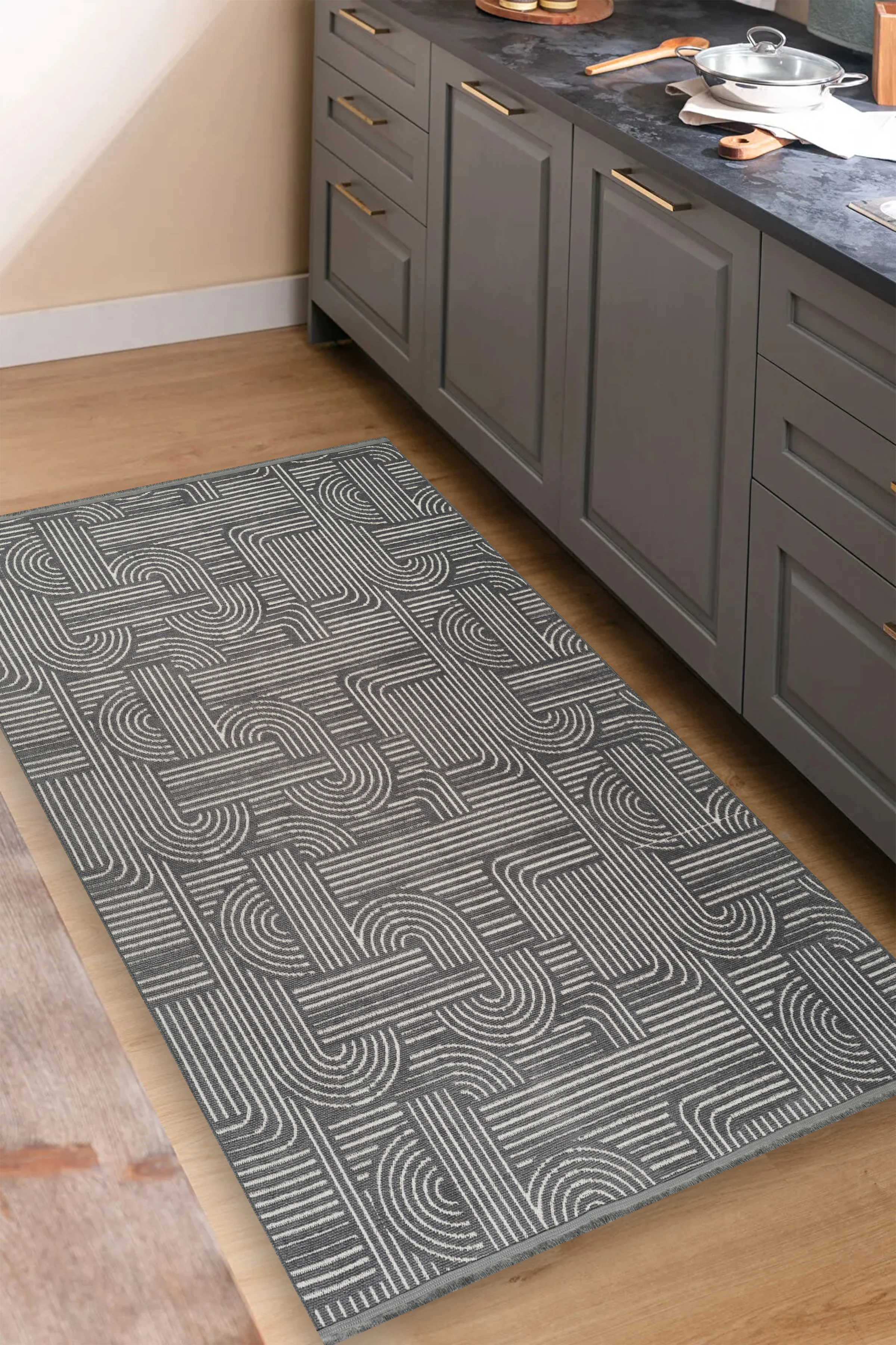 Kaydırmaz Bohem Kilim Makinada Yıkanabilir İnce Yumuşak Salon Koridor Mutfak Banyo Halısı - Antrasit