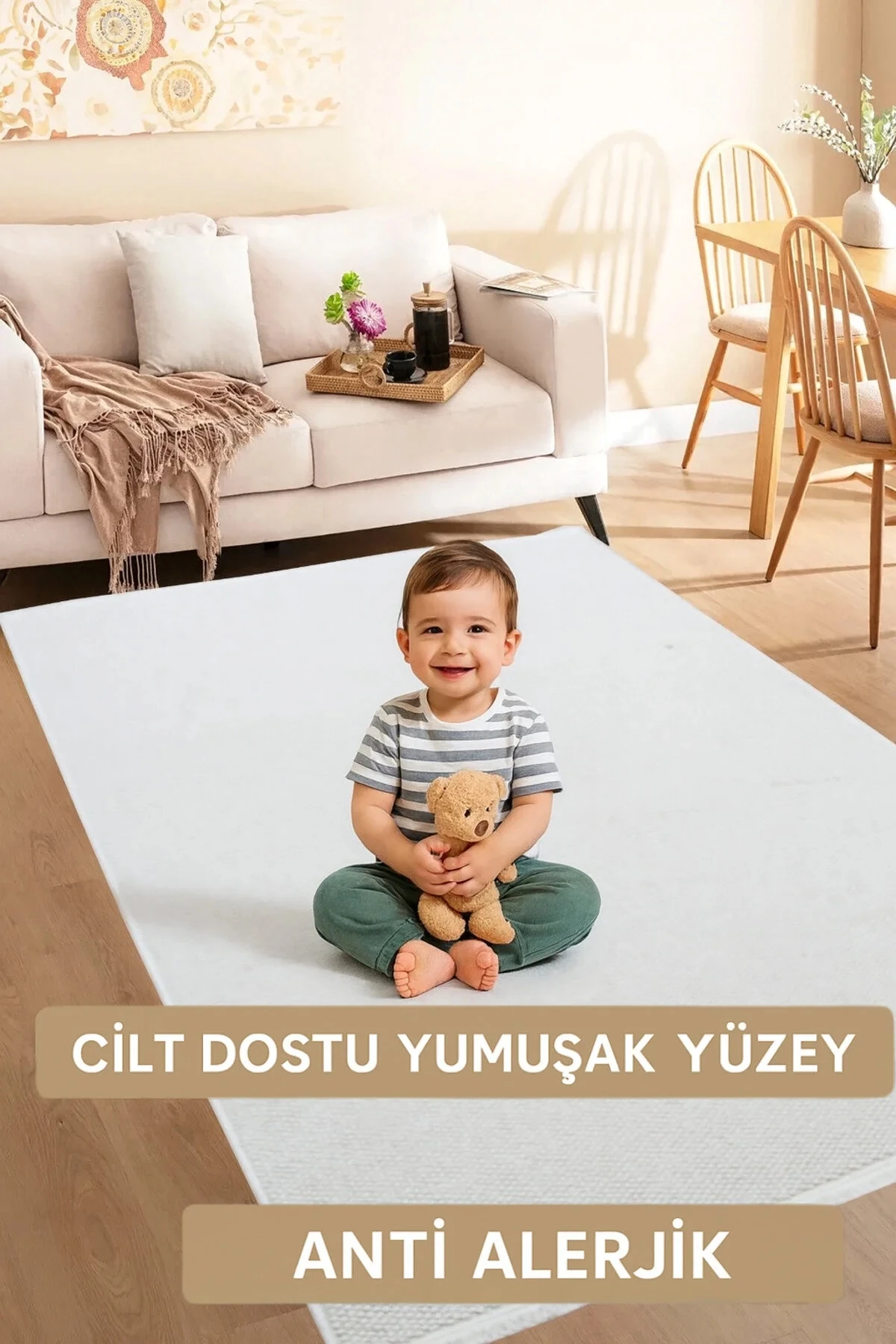 Natural Düz İskandinav Bukleli Yumuşak Dokulu Modern Salon Koridor Mutfak Çocuk Halısı - Beyaz
