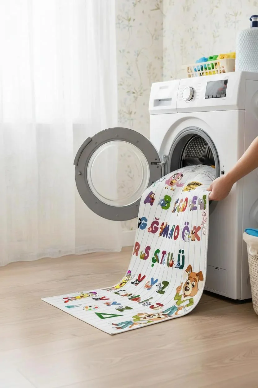 Alfabe Desenli Çocuk Halısı – Kaydırmaz Dot Taban, Dijital Baskı, Makinada Yıkanabilir Oyun Halısı (H-7064)