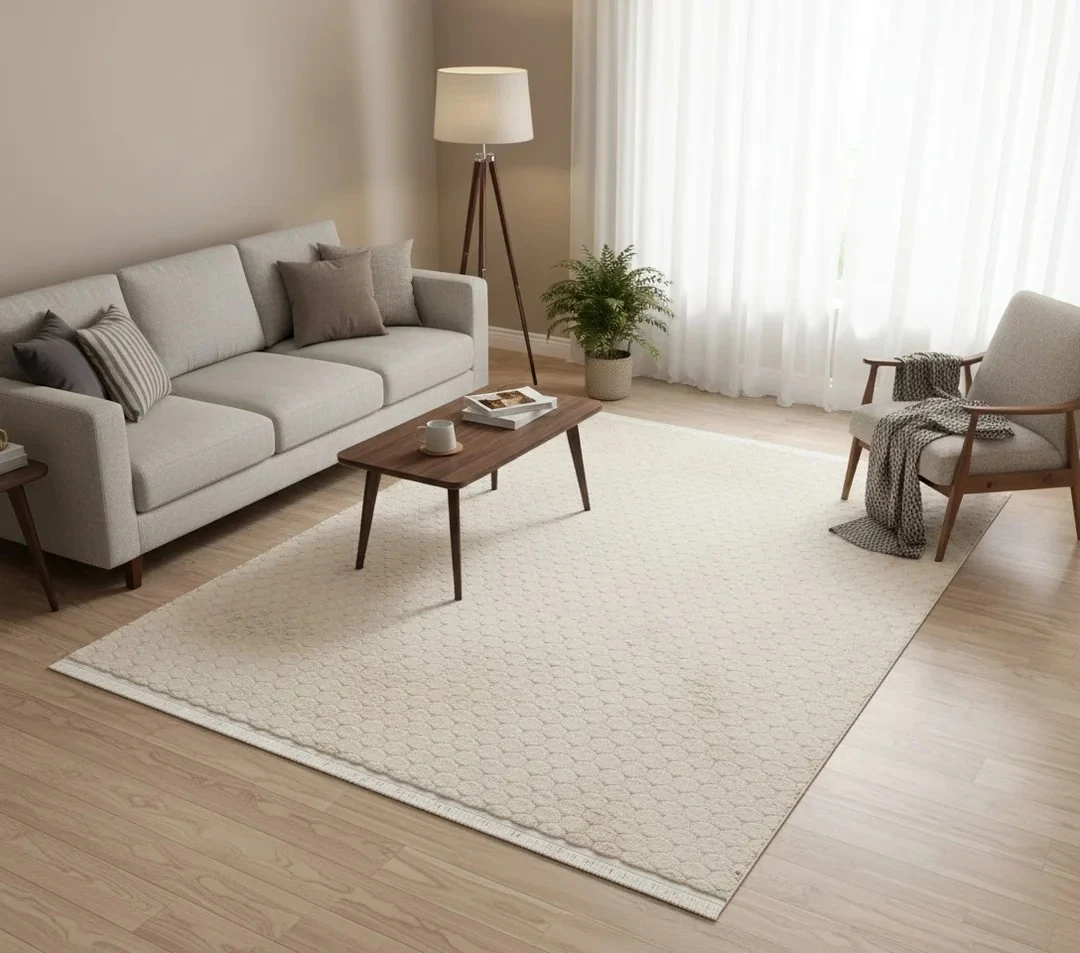 Kaydırmaz Taban Desenli Peluş Halı – Yumuşak Dokulu, Makinada Yıkanabilir, Toz Tutmaz, Modern Ev Halısı - Vizon