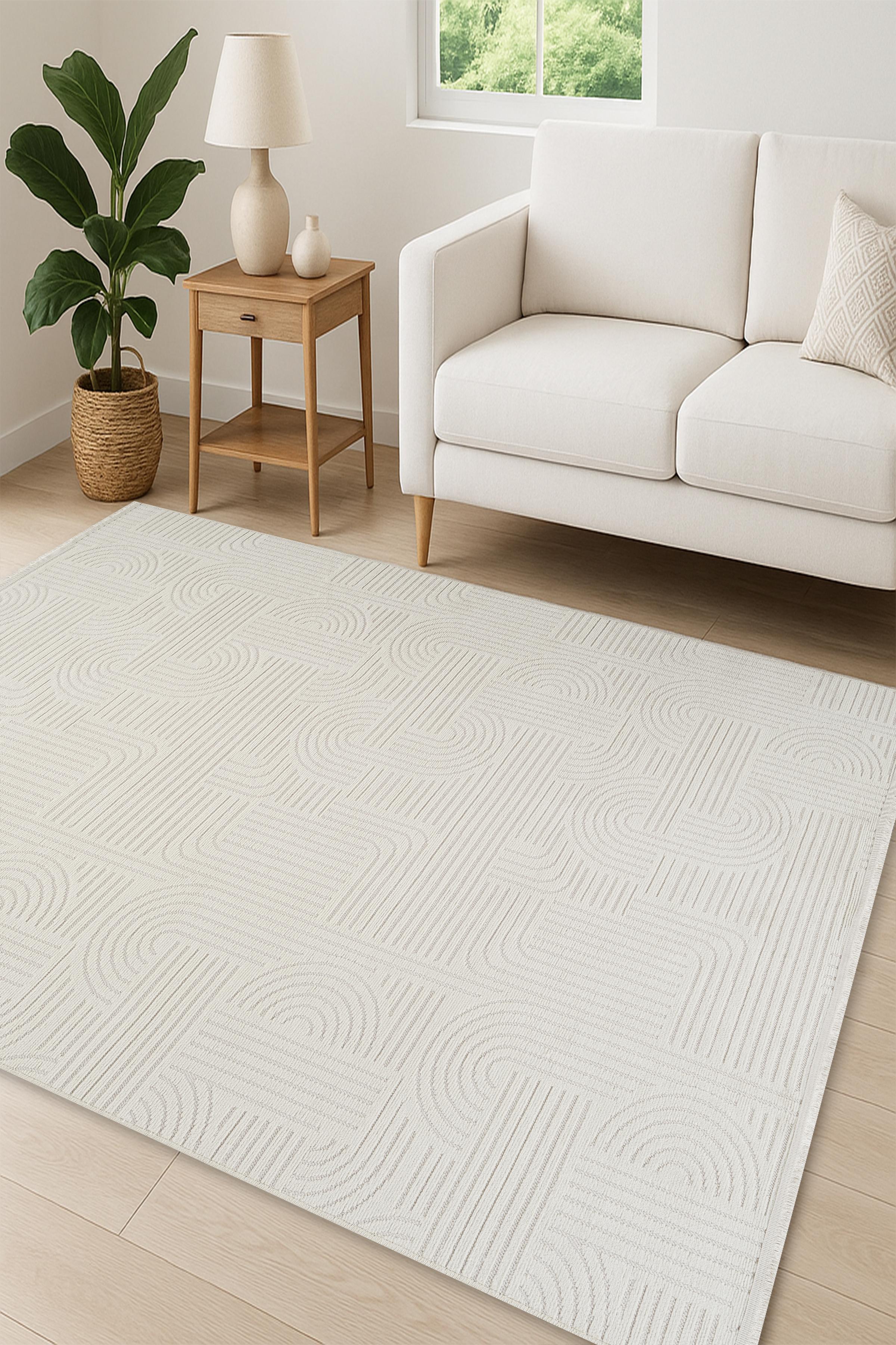 El Dokuma Görünümlü Modern Kilim Halı - Beyaz
