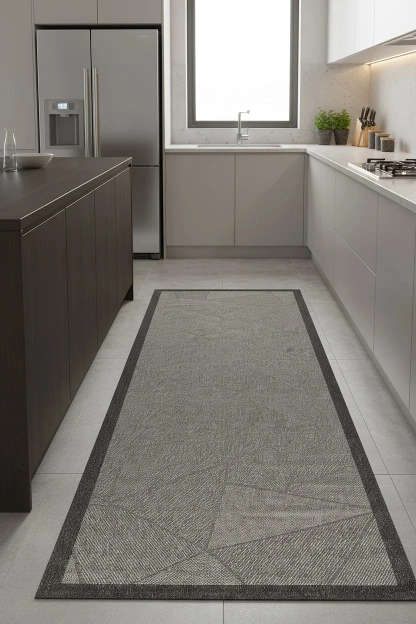 Jüt Sisal Halı Yolluk – Leke Tutmaz, Kaymaz Tabanlı, Bordürlü Mutfak ve Koridor Halısı - Antrasit-Siyah