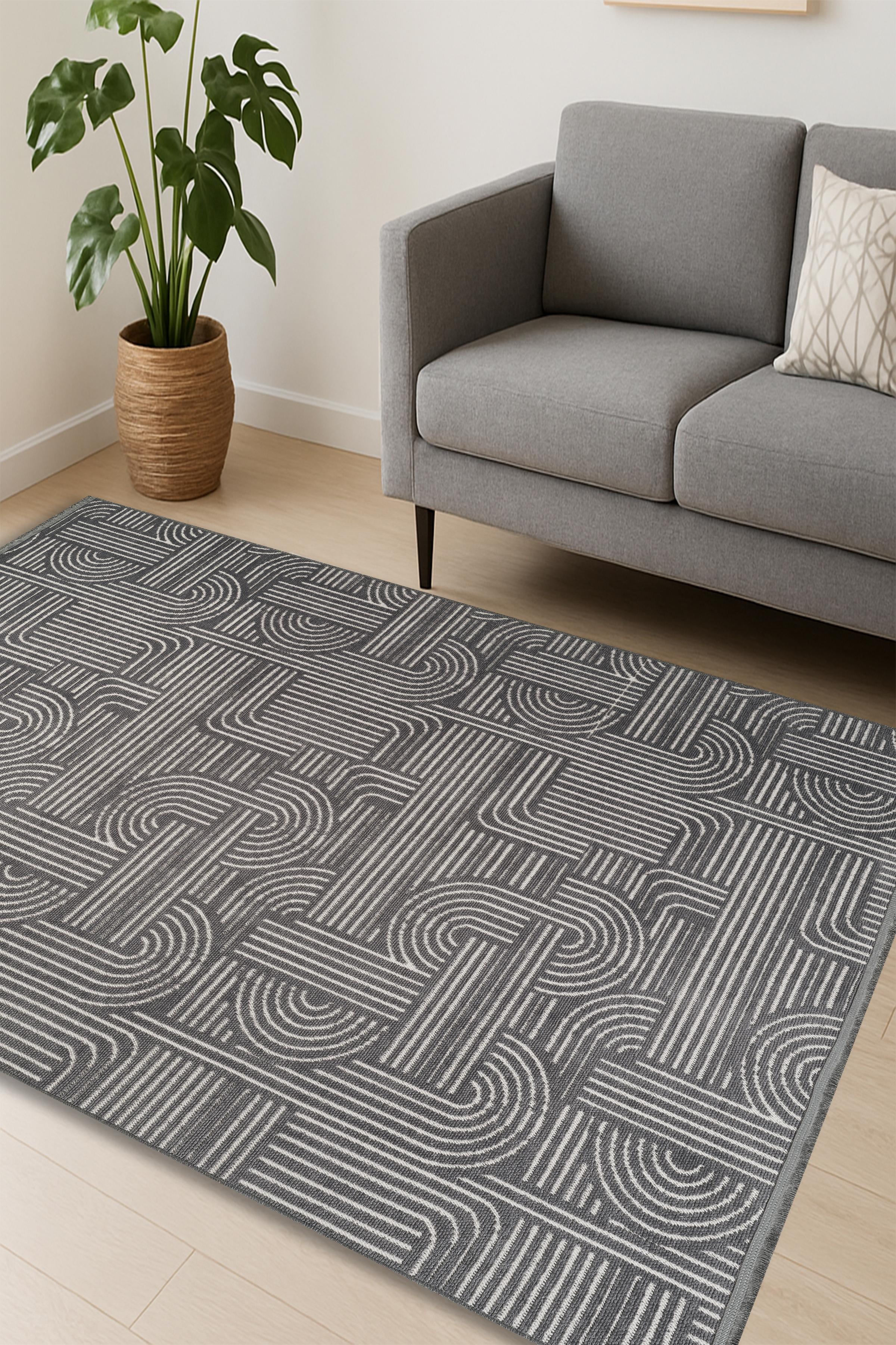 El Dokuma Görünümlü Modern Kilim Halı - Antrasit