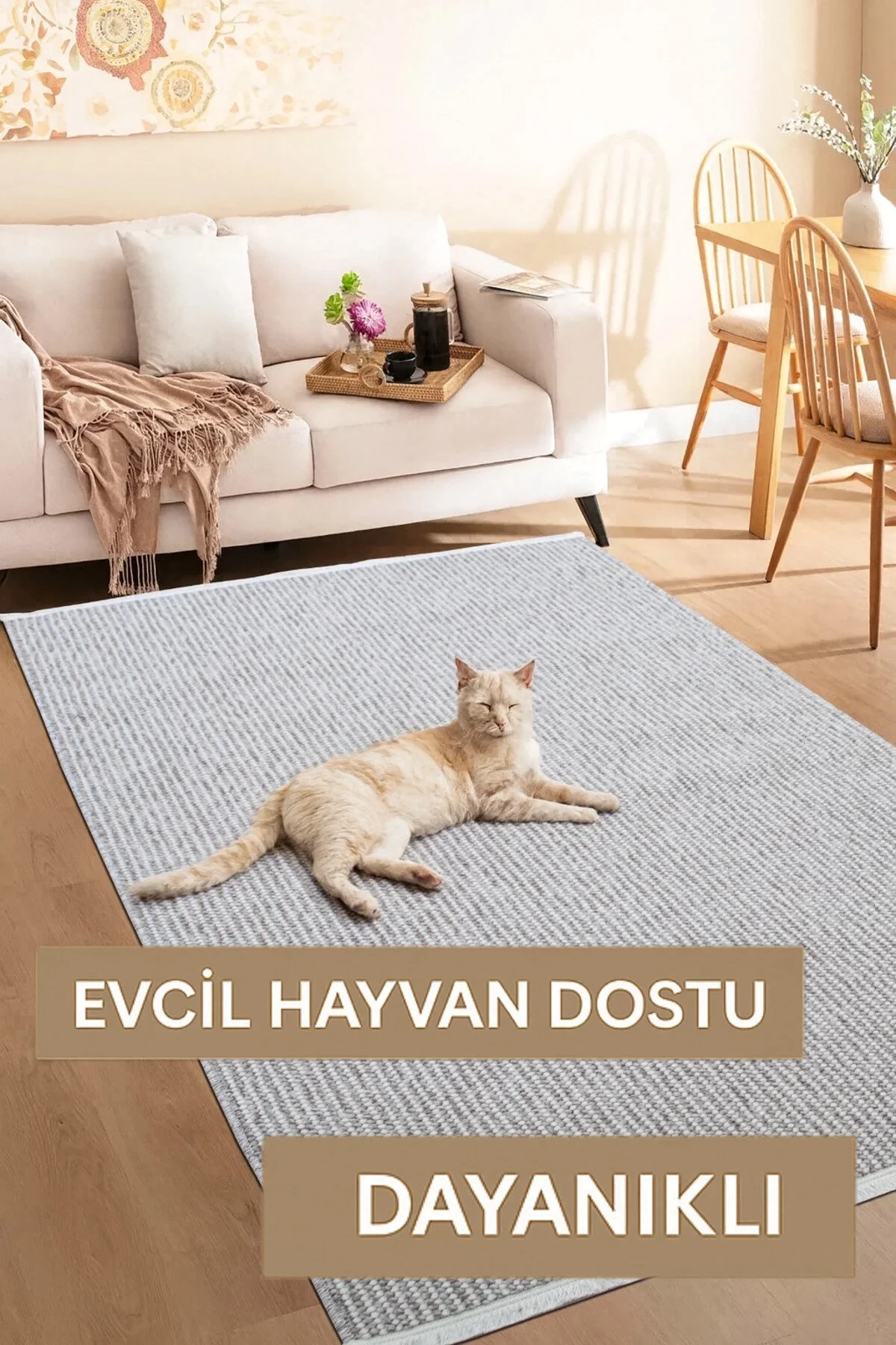 Natural Düz İskandinav Bukleli Yumuşak Dokulu Modern Salon Koridor Mutfak Çocuk Halısı - Bej-Beyaz