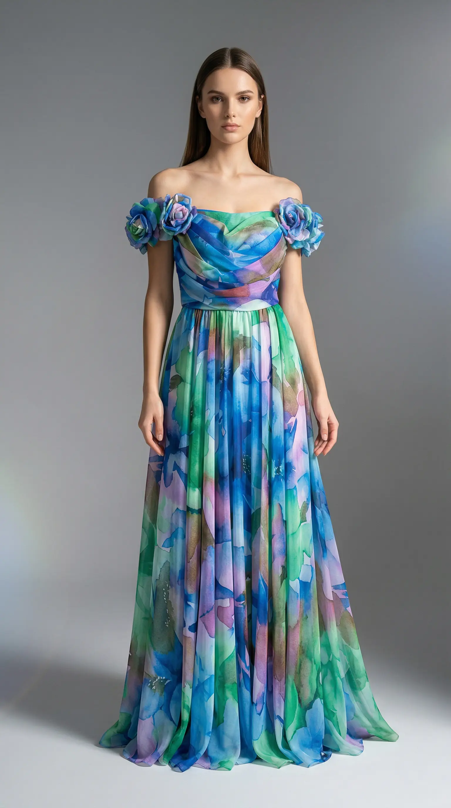 Strapless Floral Pattern Chiffon Long Evening Gown Blue