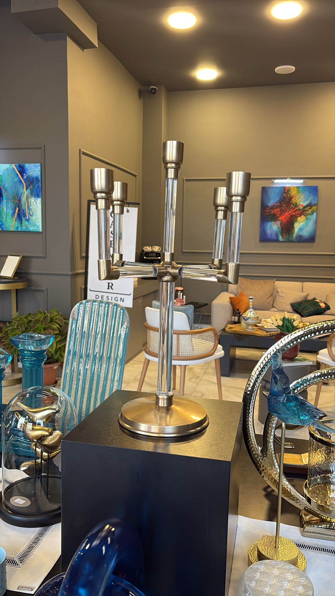 pirinç detaylı 5 kollu şamdan