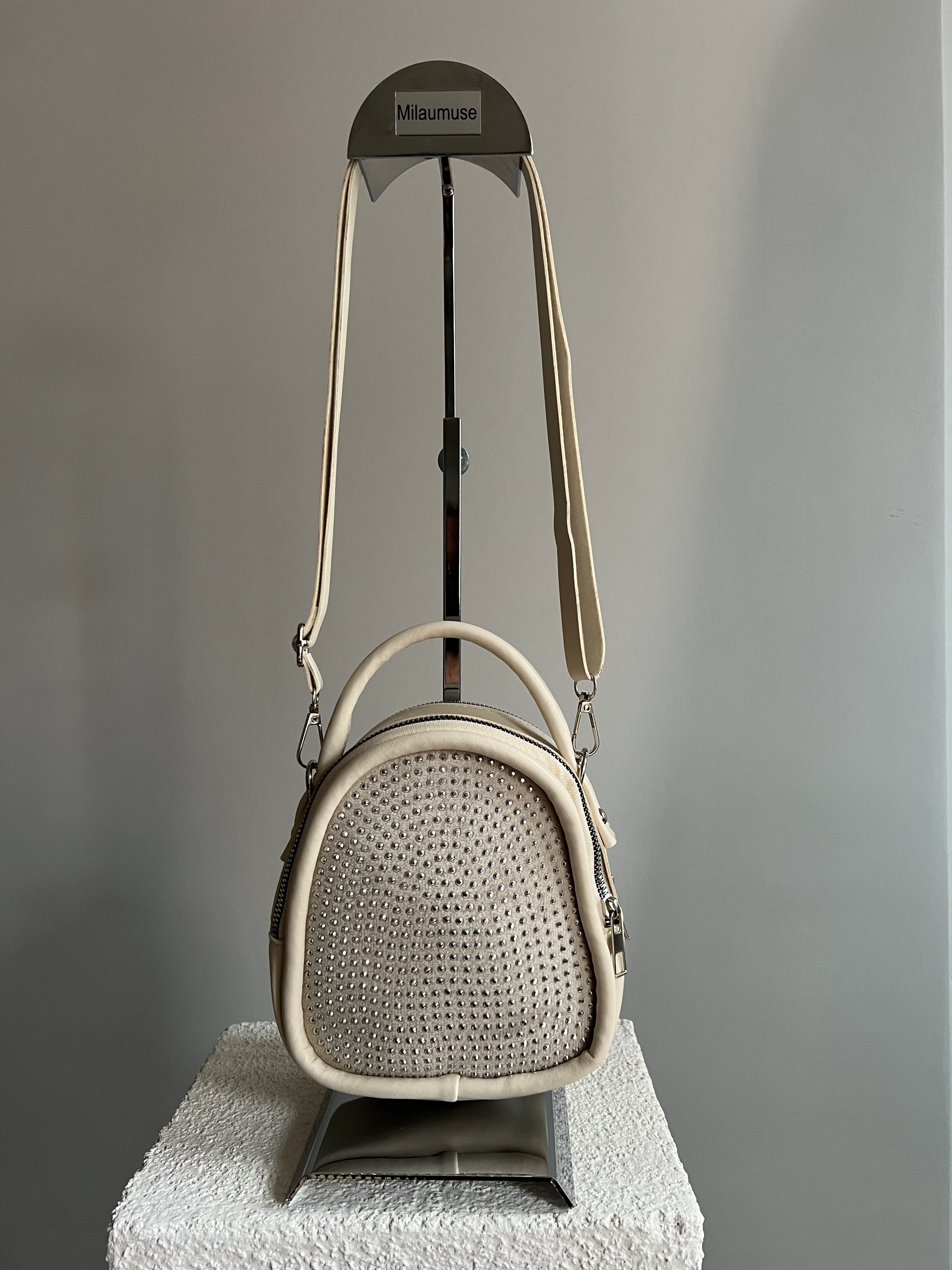 Piqua El ve Çapraz Mini boy Taşlı Bayan Çanta krem