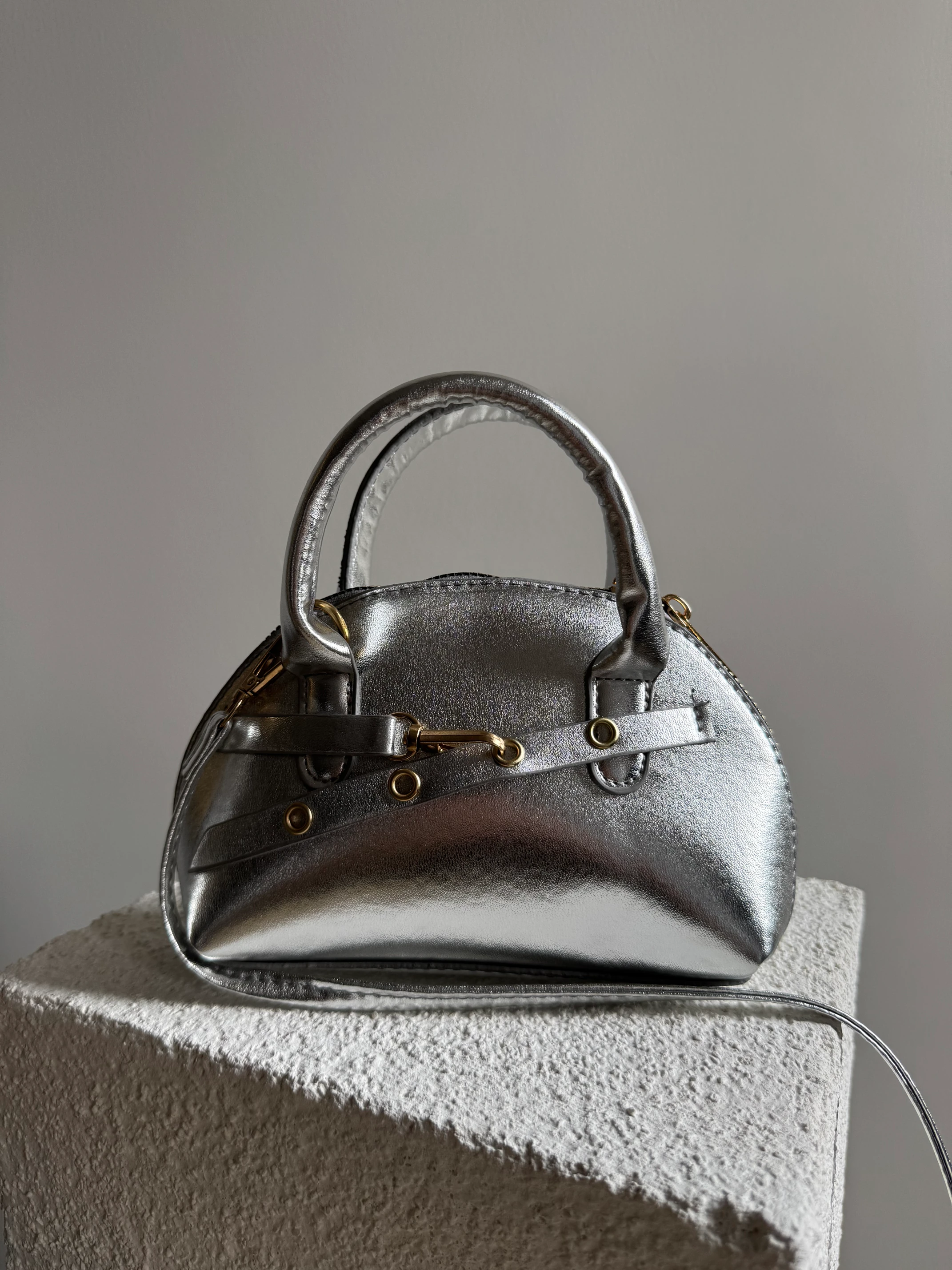 Jasper Çatlak Görünümlü Deri Mini boy Bayan Çanta Gümüş