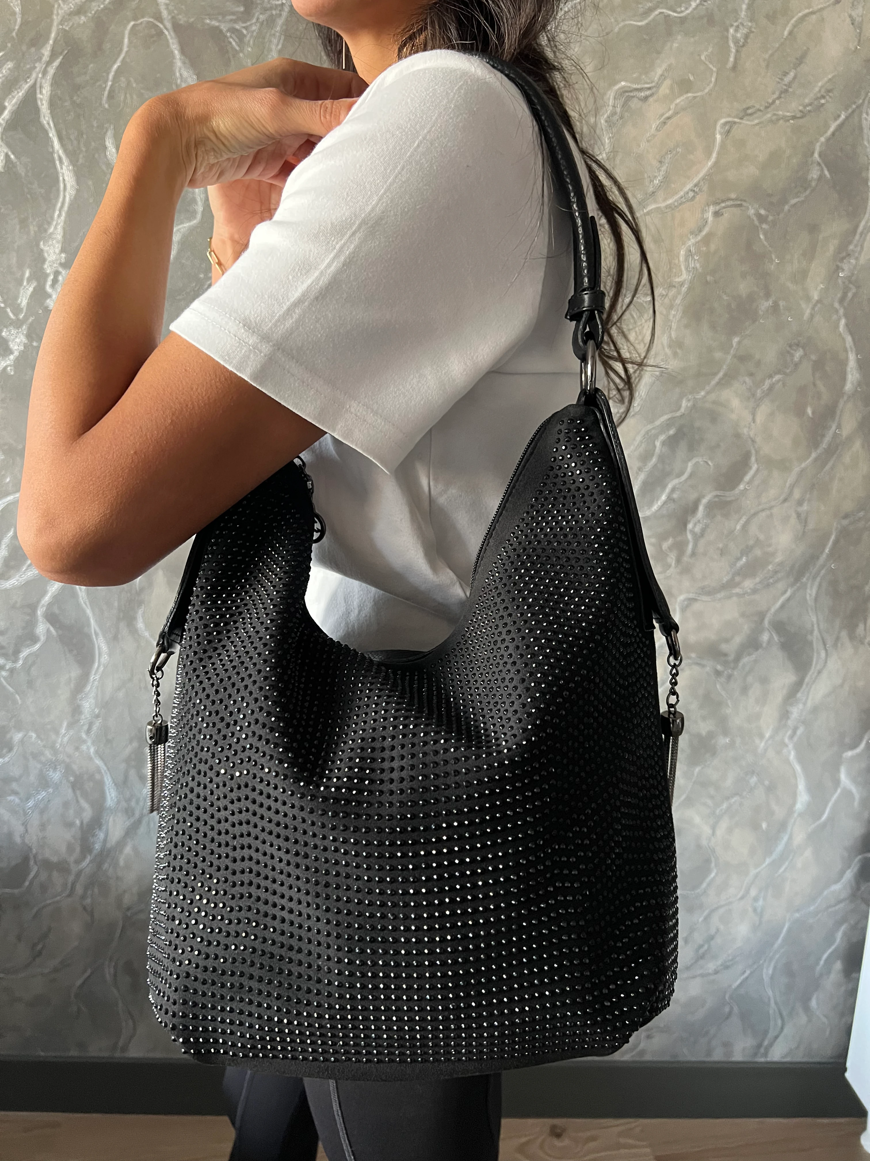 Union Tek kol Salaş El ve Omuz  Taşlı Deri Bayan Çanta Siyah