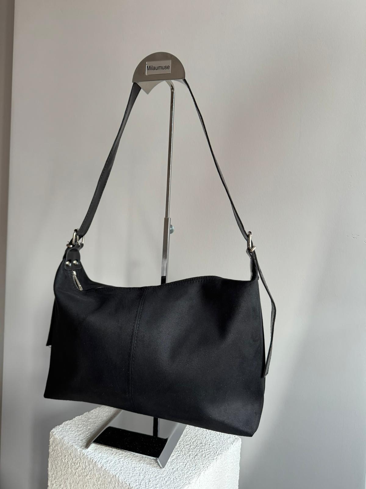 Dayton OMUZ ve El Çatlak Rugan Deri Bayan Çanta Siyah Süet