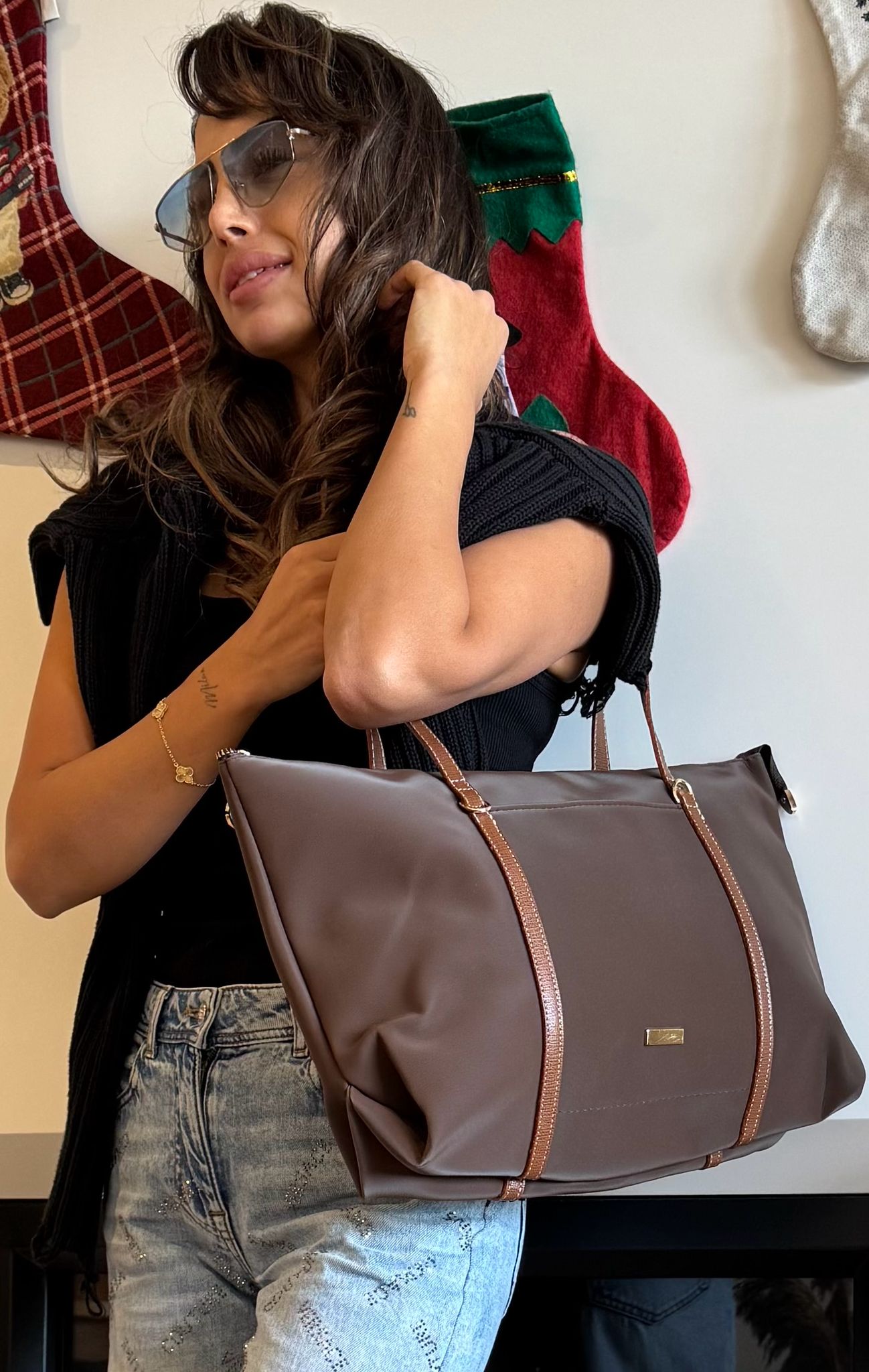 Alva El ve Omuz  Hasır Saten Doku Bayan Çanta acıkahve