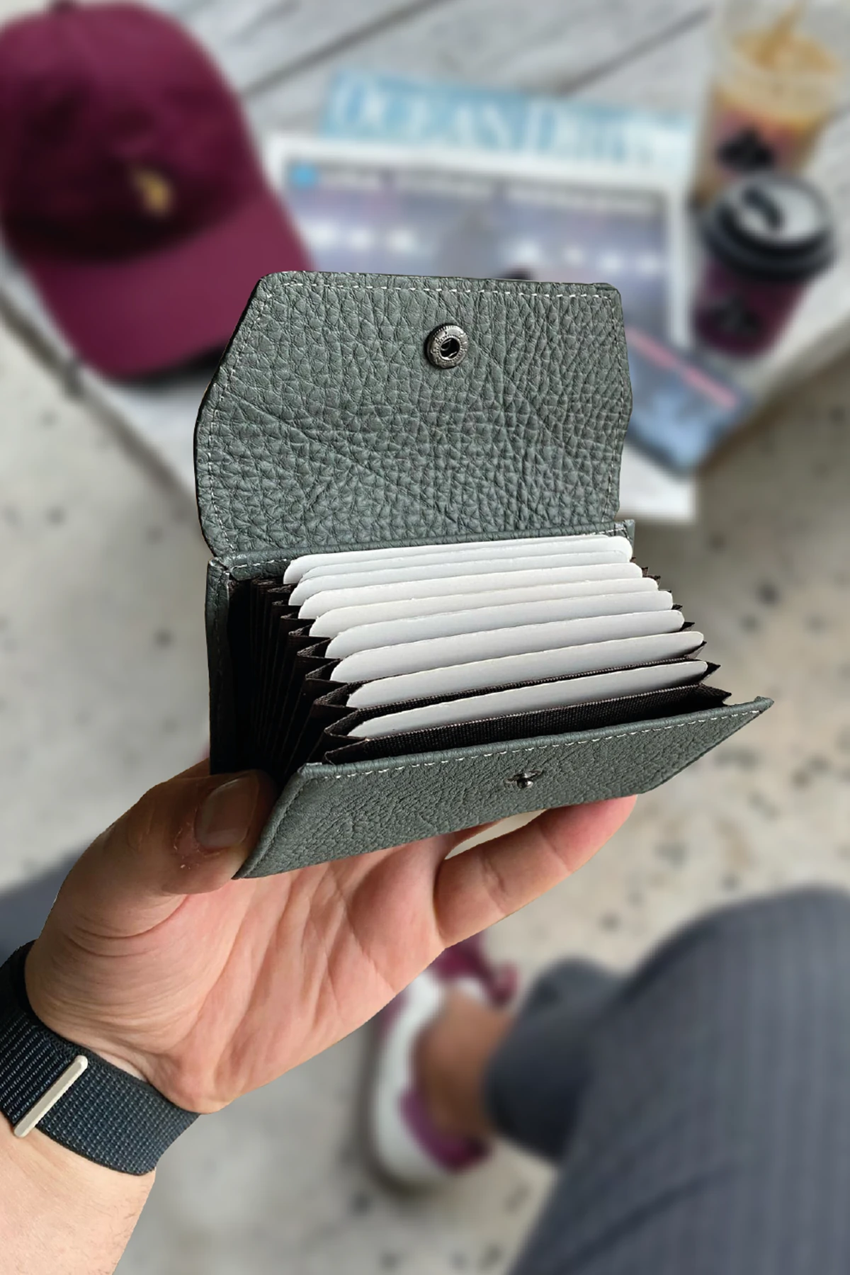 HAKİKİ DERİ AKORDİYON KARTLIK - Yeşil