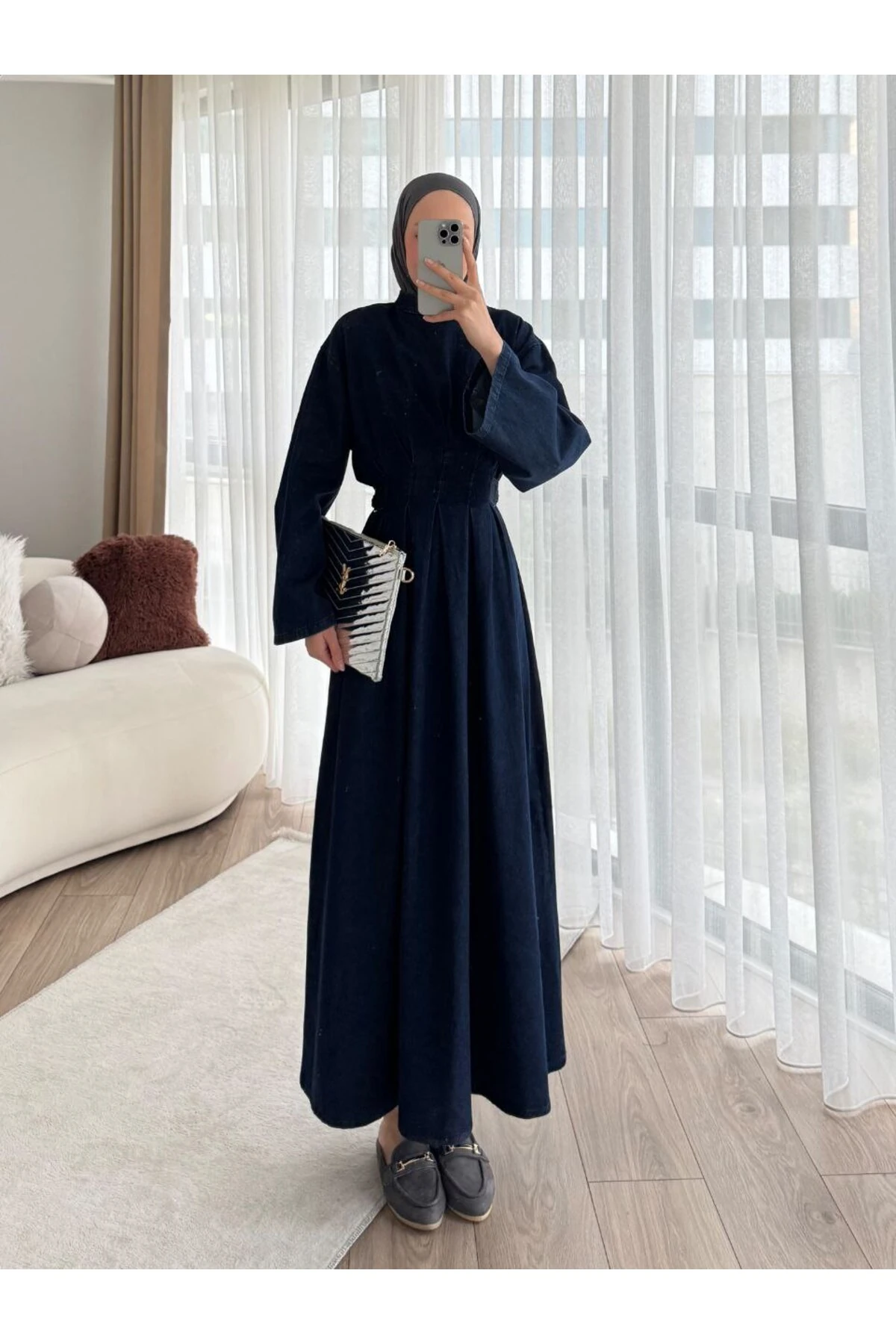 Denim Kot Yandan Tokalı Bağlamalı Elbise