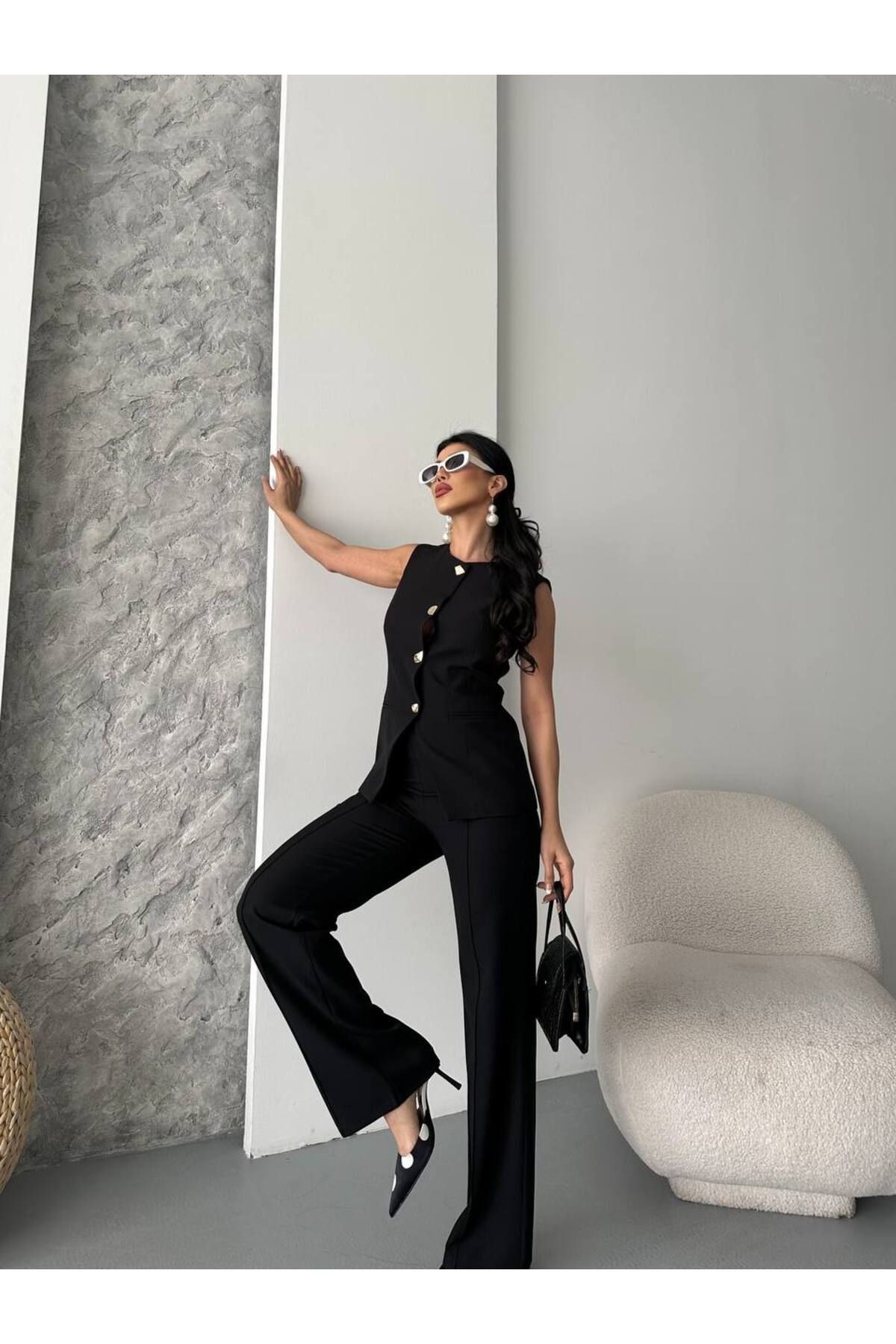 Düğmeli Blazer Yelekli Pantolon Takım