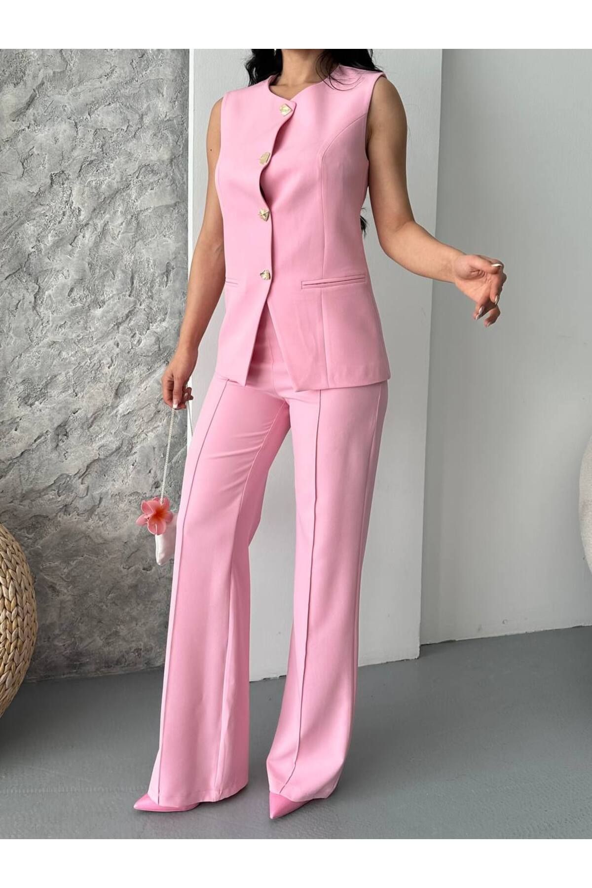 Düğmeli Blazer Yelekli Pantolon Takım
