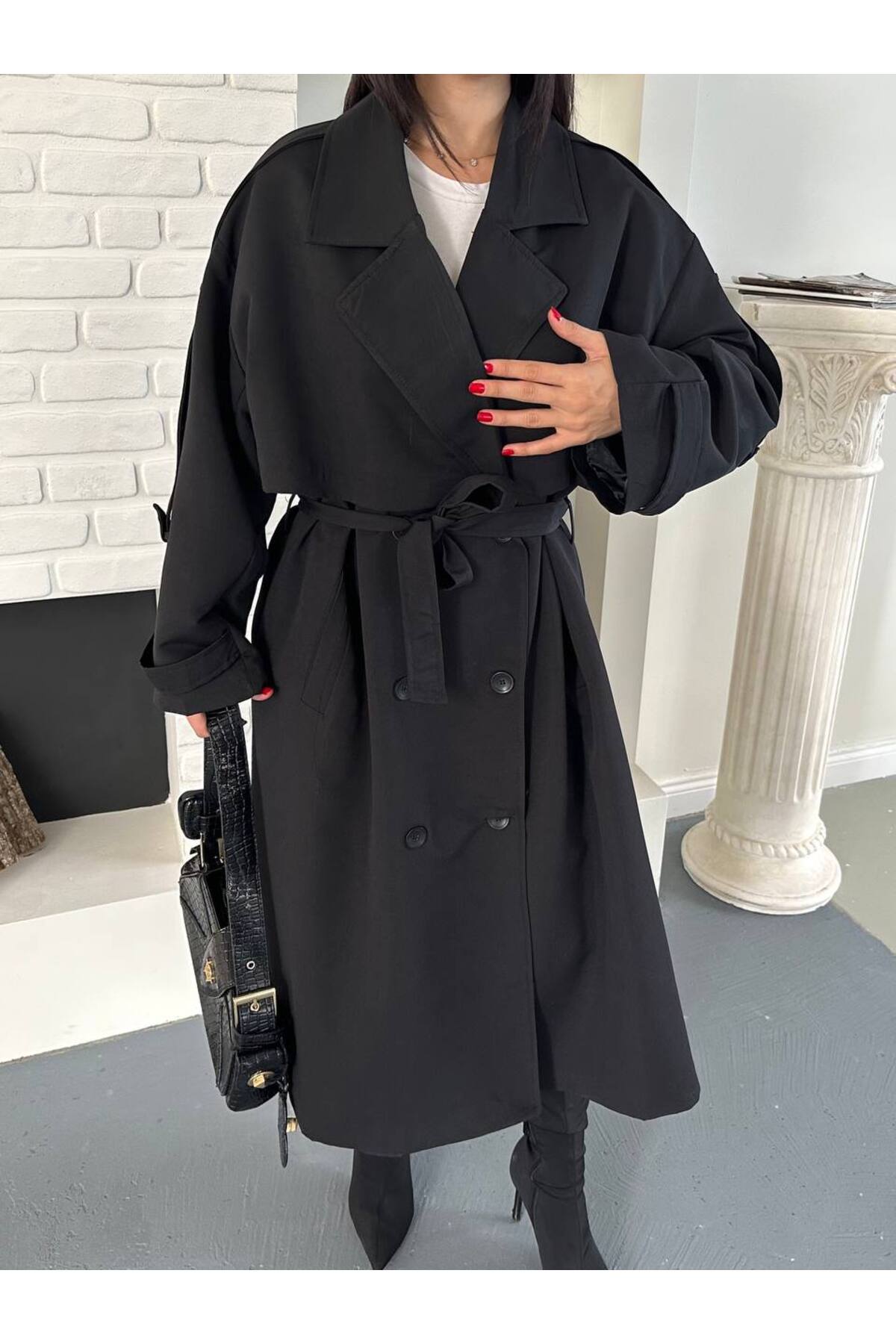 Pelerinli Düğmeli Kuşaklı Trençkot
