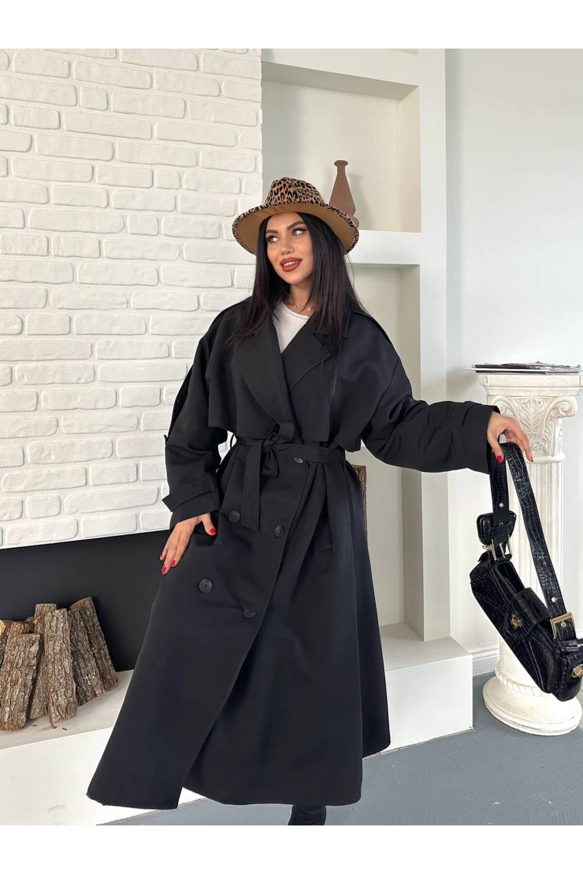 Pelerinli Düğmeli Kuşaklı Trençkot