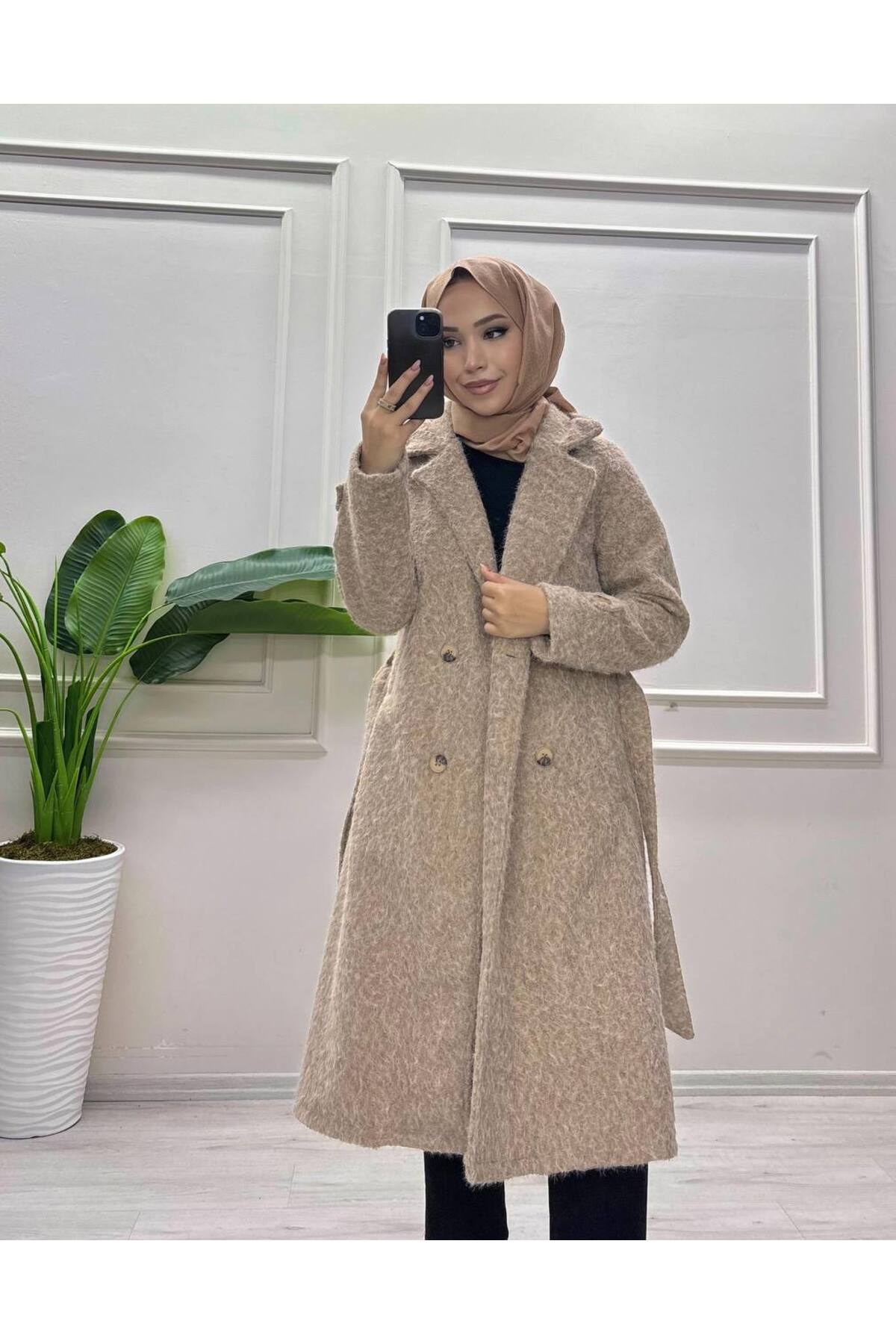 Kruvaze Beli Bağlamalı Düğmeli Mango Kaşe Kaban