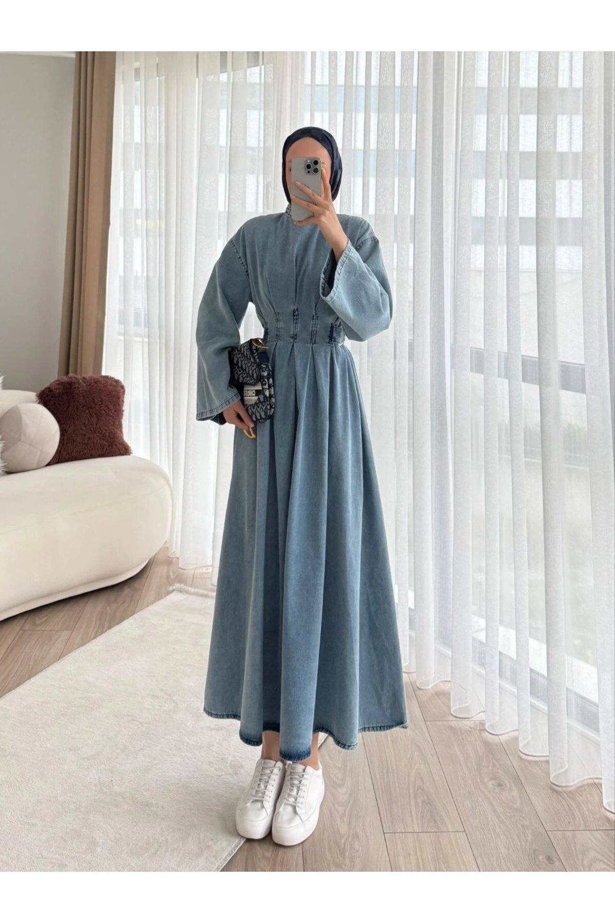 Denim Kot Yandan Tokalı Bağlamalı Elbise