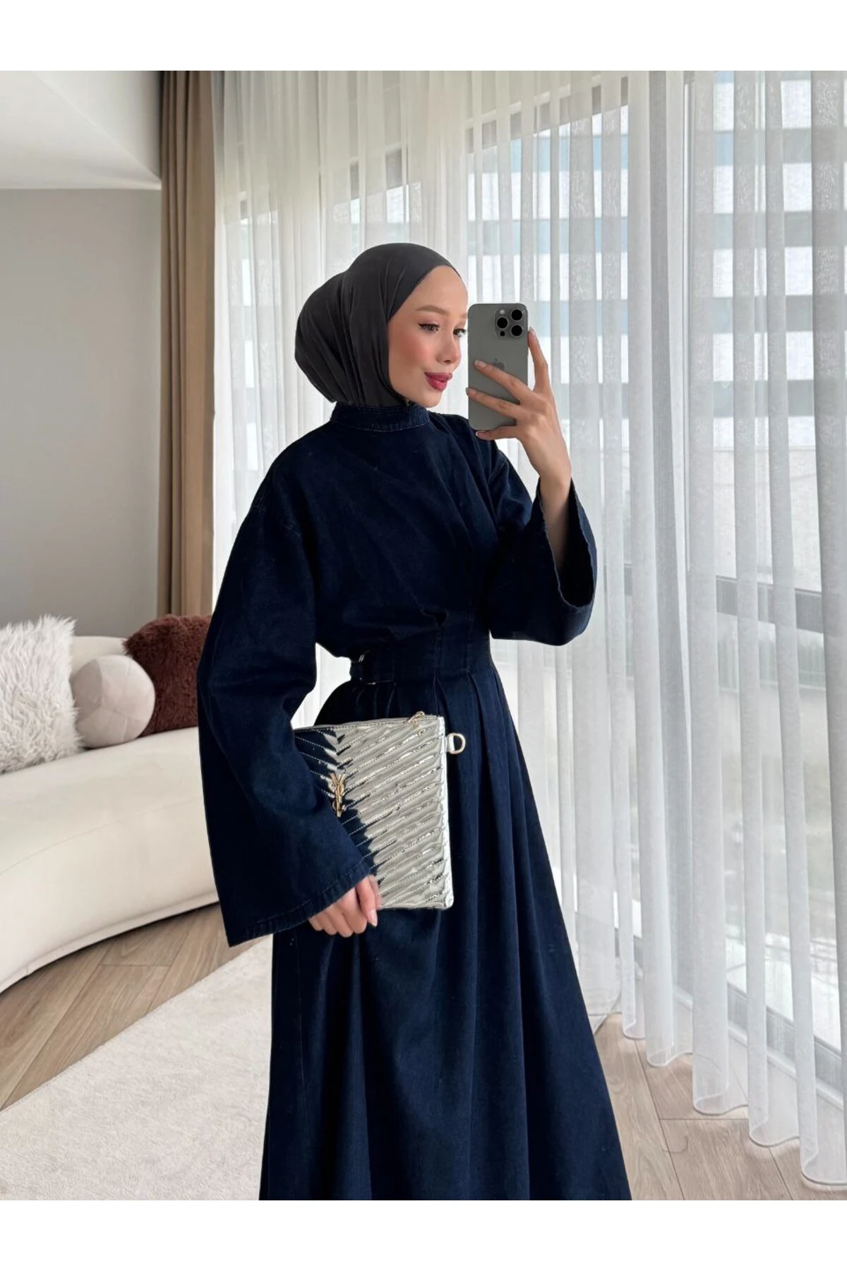 Denim Kot Yandan Tokalı Bağlamalı Elbise