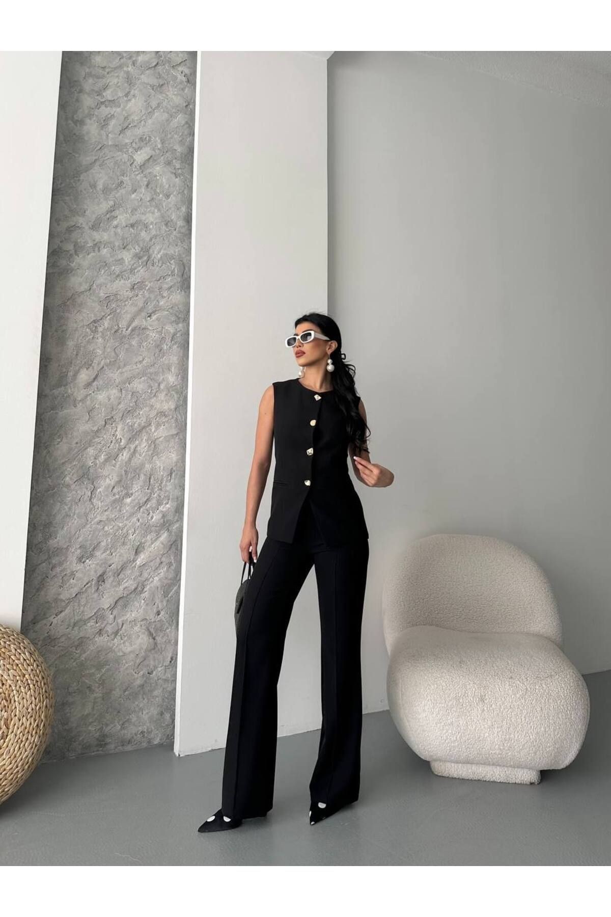 Düğmeli Blazer Yelekli Pantolon Takım