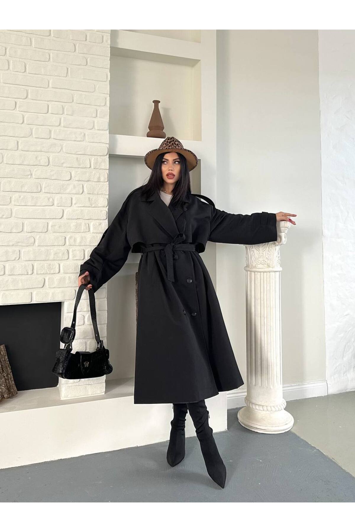 Pelerinli Düğmeli Kuşaklı Trençkot