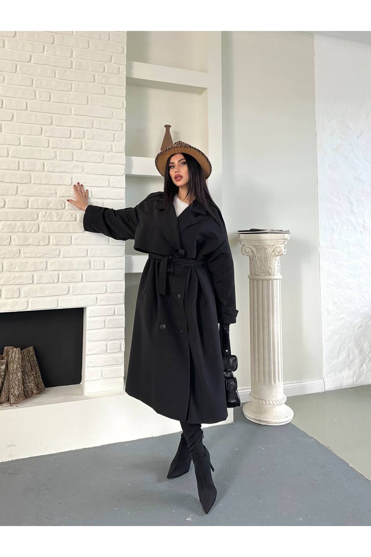 Pelerinli Düğmeli Kuşaklı Trençkot