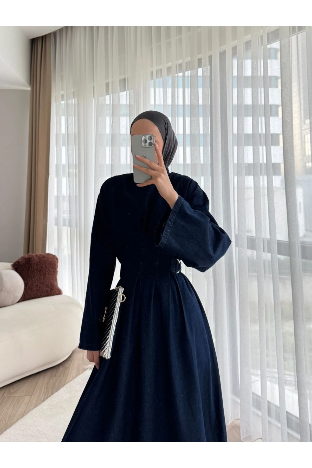 Denim Kot Yandan Tokalı Bağlamalı Elbise