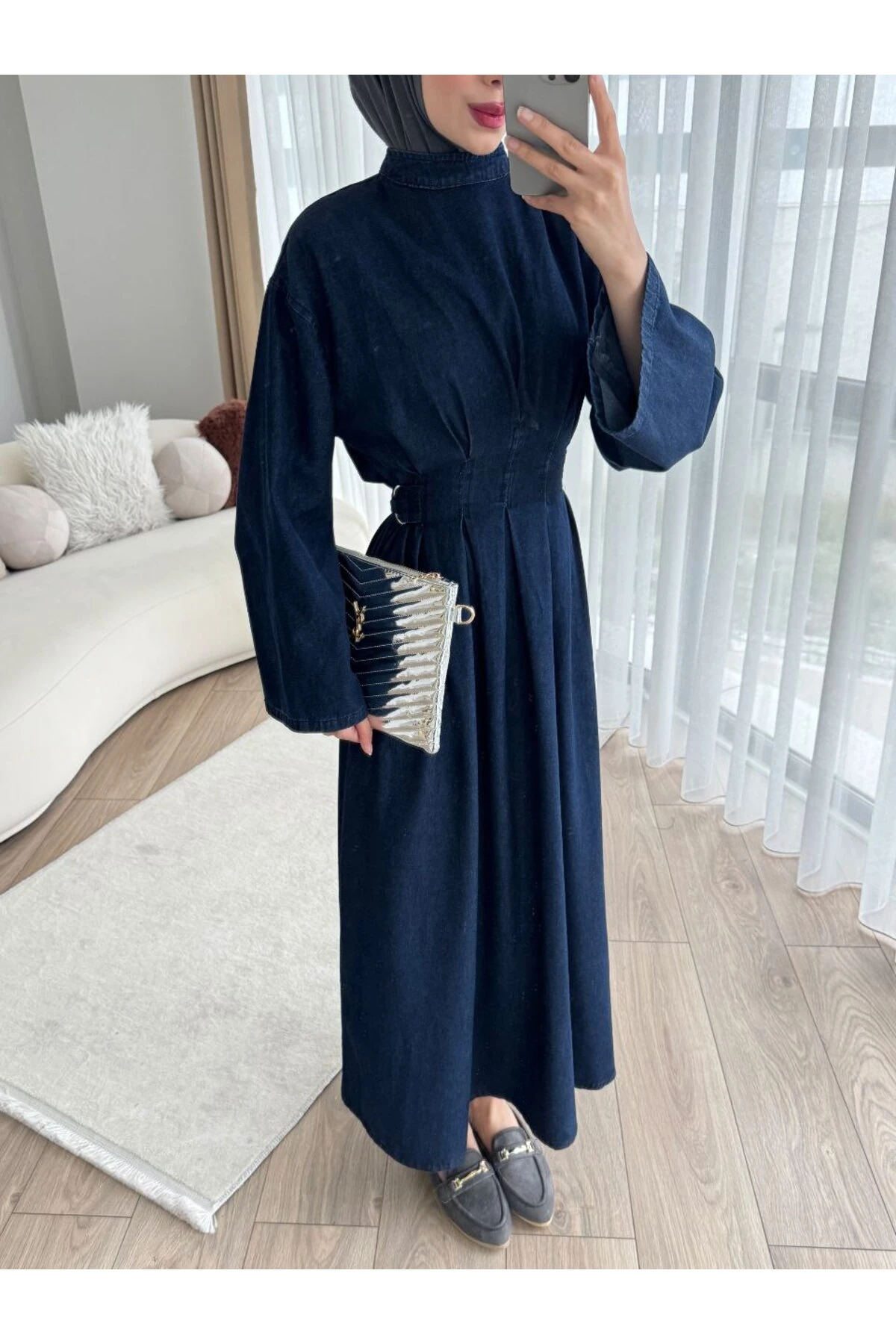 Denim Kot Yandan Tokalı Bağlamalı Elbise