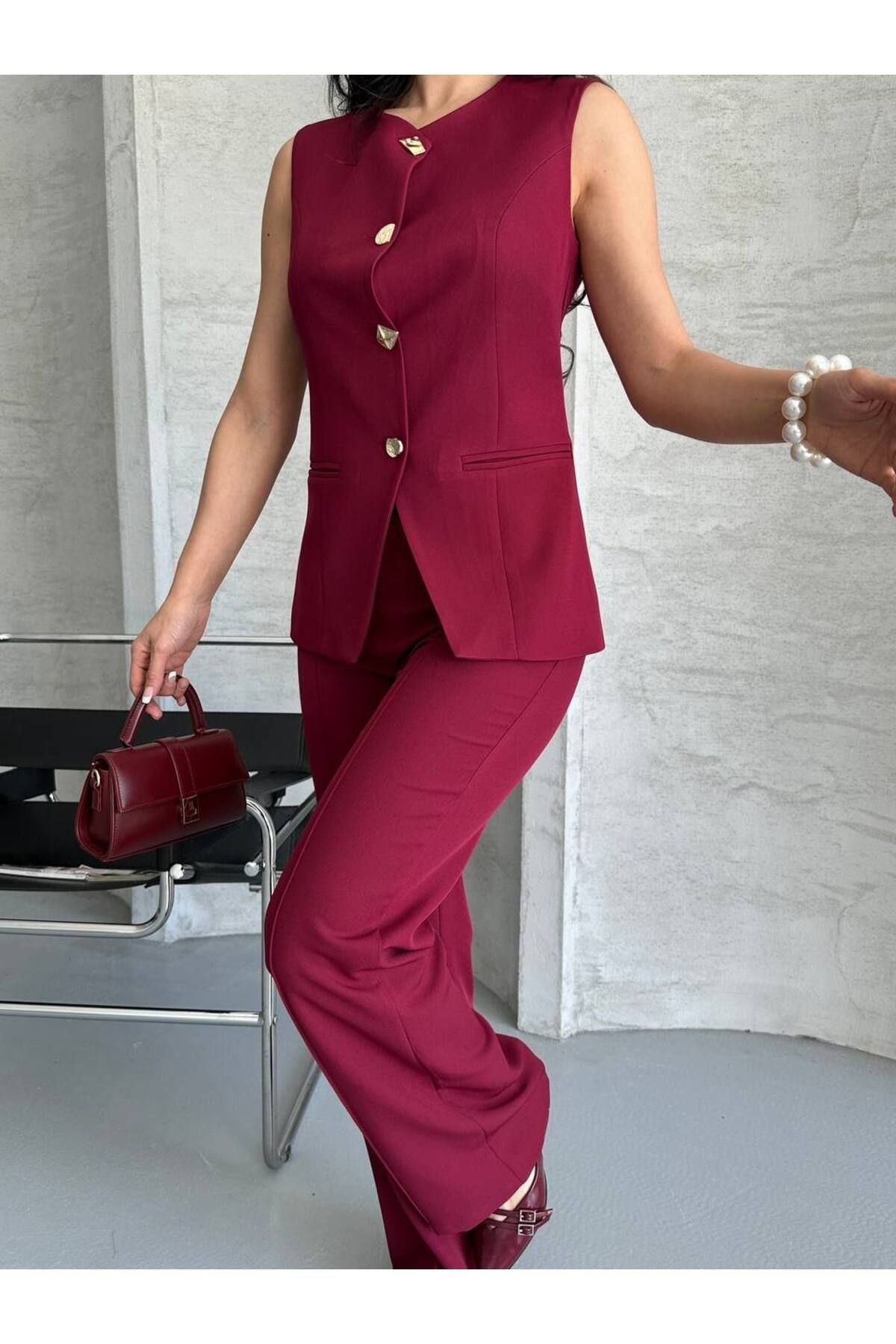 Düğmeli Blazer Yelekli Pantolon Takım