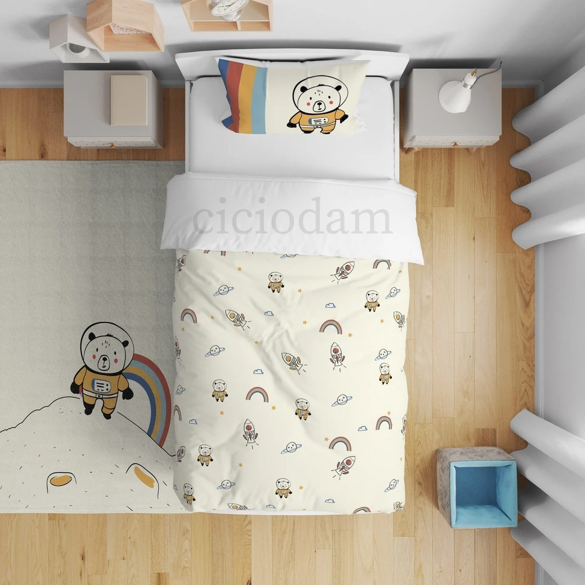 Astronot Ayı Gezegen Gökkuşağı Ve Roket Yatak Örtüsü