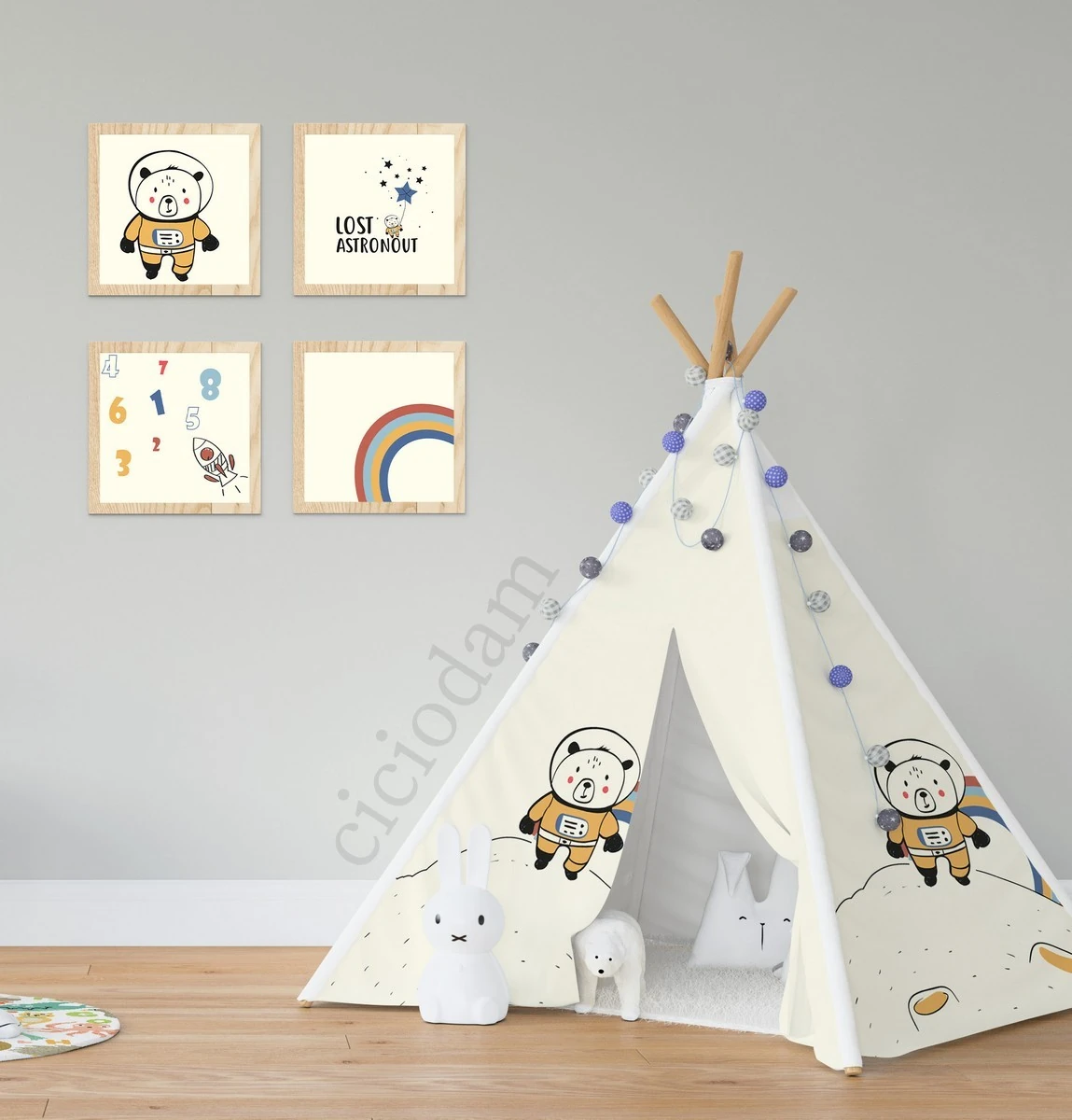 Astronot Ayı Gezegen Gökkuşağı Ve Roket Oyun Çadırı