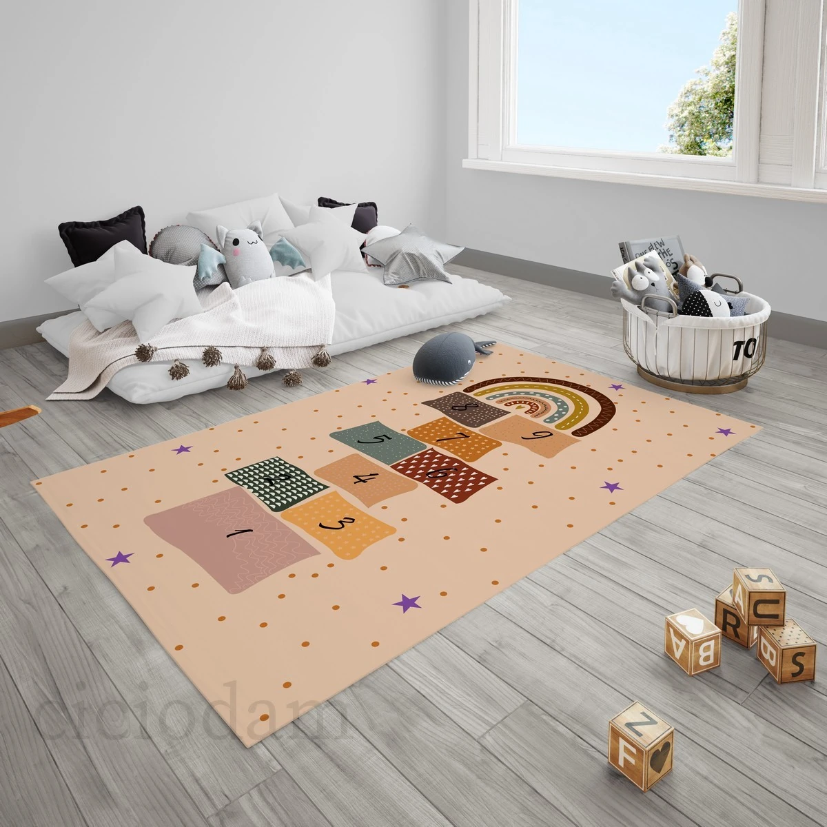 Seksek Gökkuşağı Mor Yıldızlar Çocuk Halısı