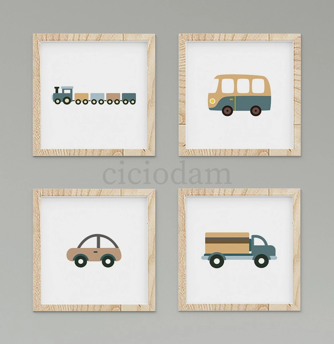 Mavi Araba Tren Kamyon ve Araba Yol Duvar Tablo