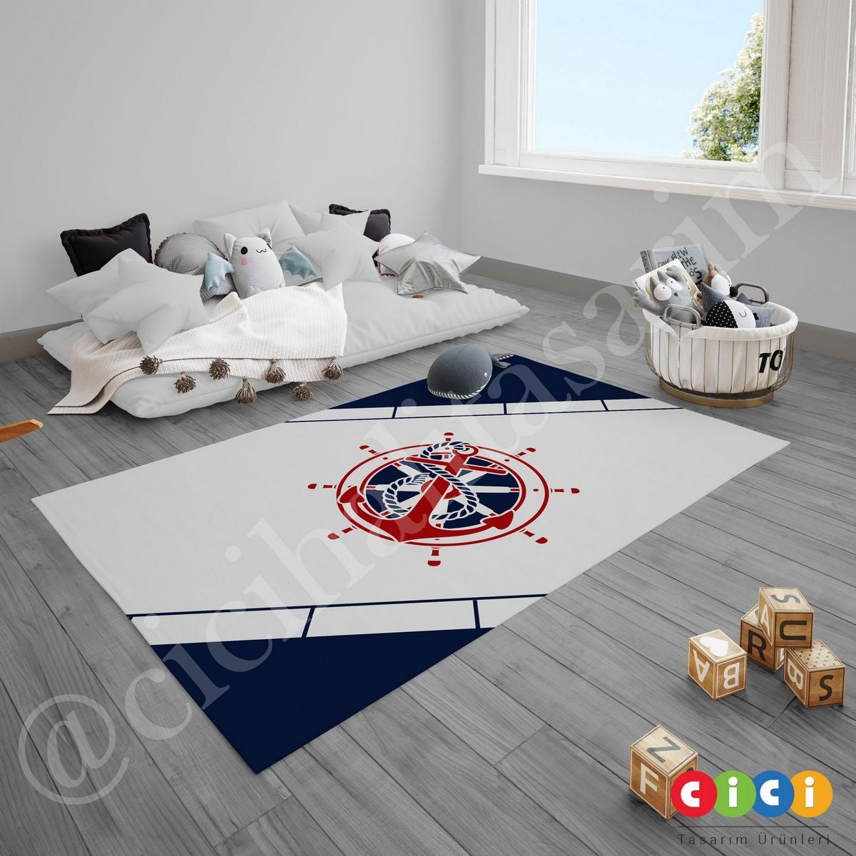 Kırmızı Lacivert Çapa Dümen Denizci Çocuk Halısı