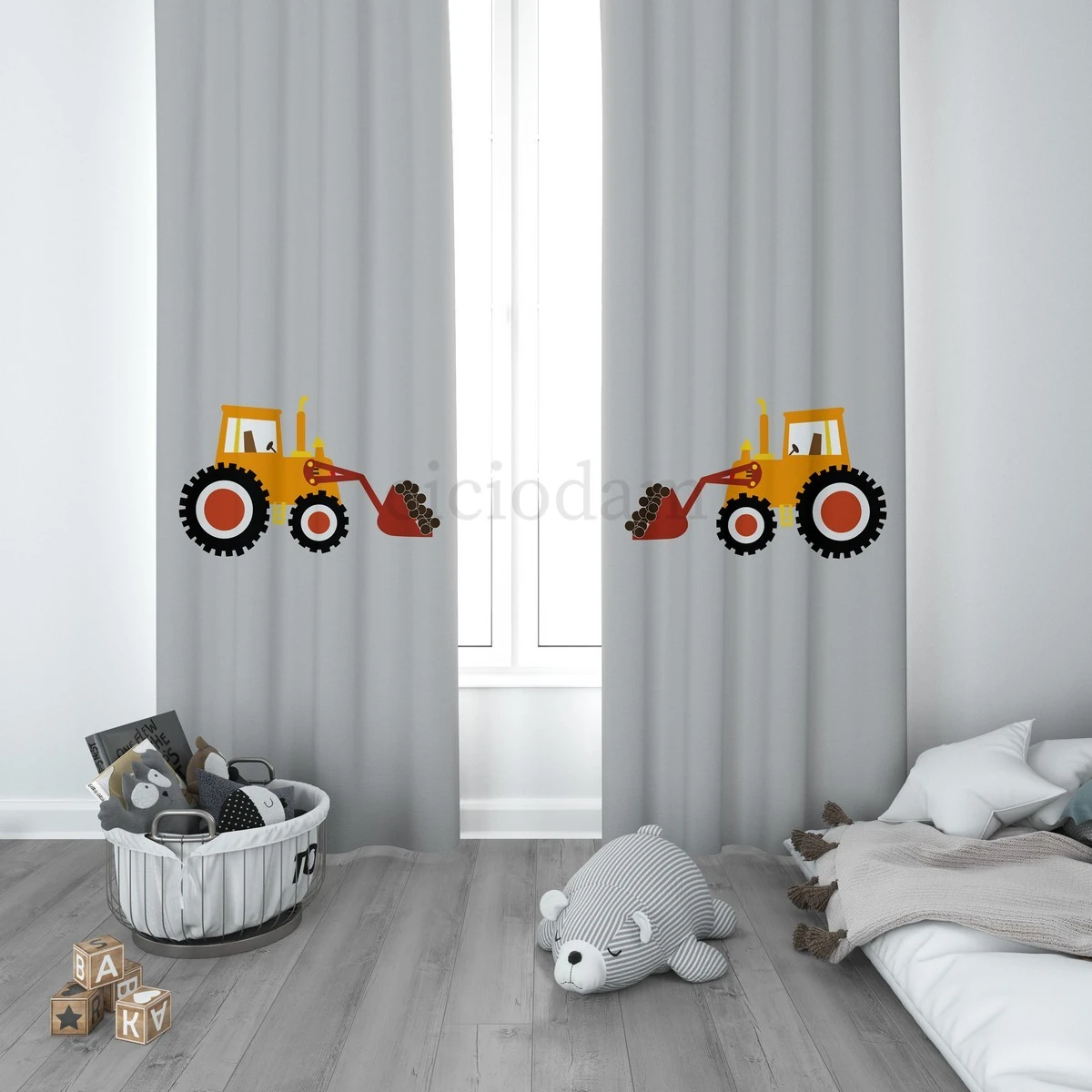 Araba Yollu İnşaat Makineleri Çocuk Odası Perdesi