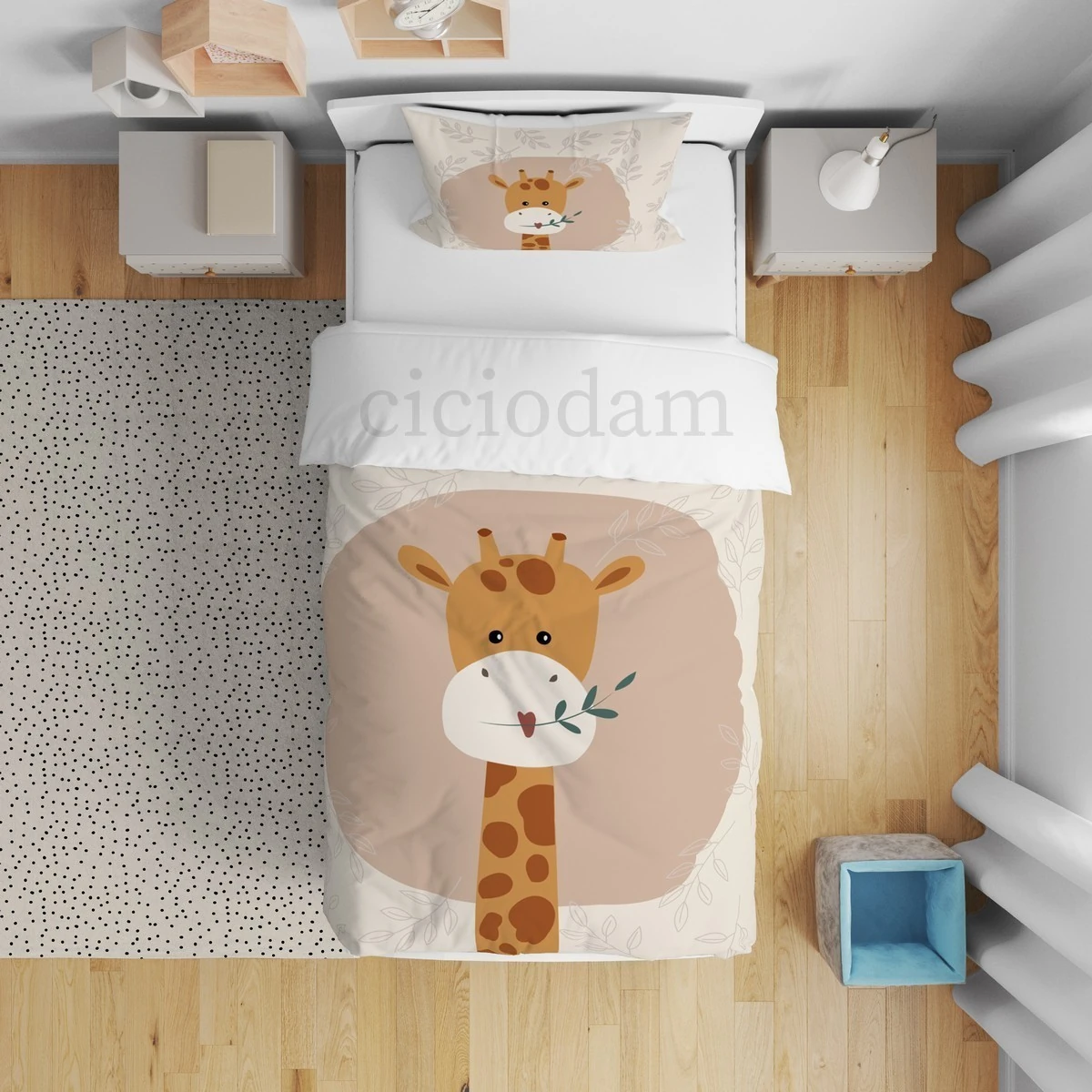 Zürafa ve Yeşil Dal Yapraklar Nevresim