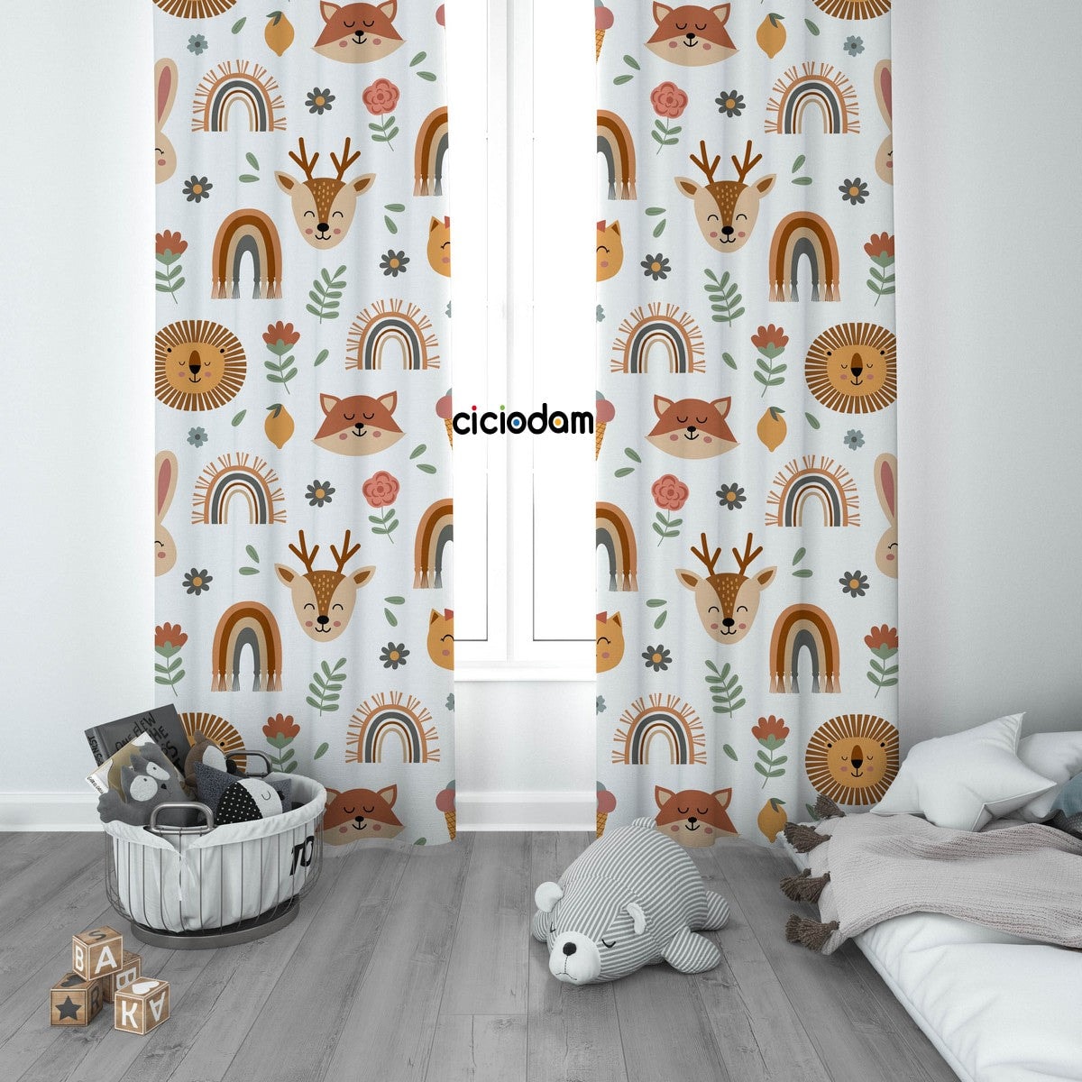 Aslanlı Tavşanlı Tilkili Ceylanlı Gökkuşaklı Çiçekli Çocuk Odası Perdesi 4213