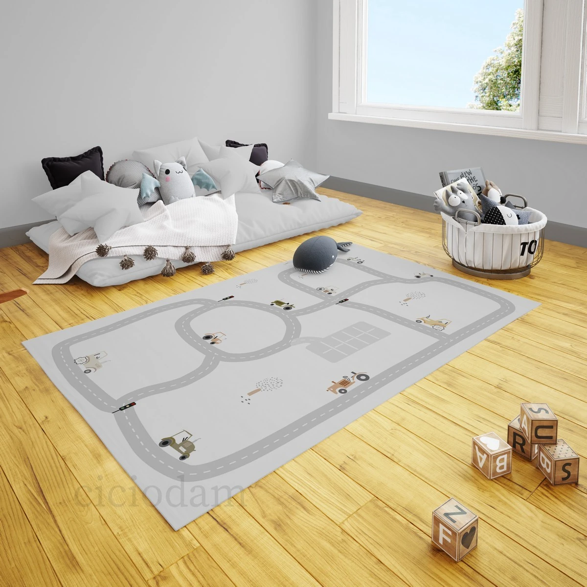 Renkli Traktörler Yol Çocuk Halısı