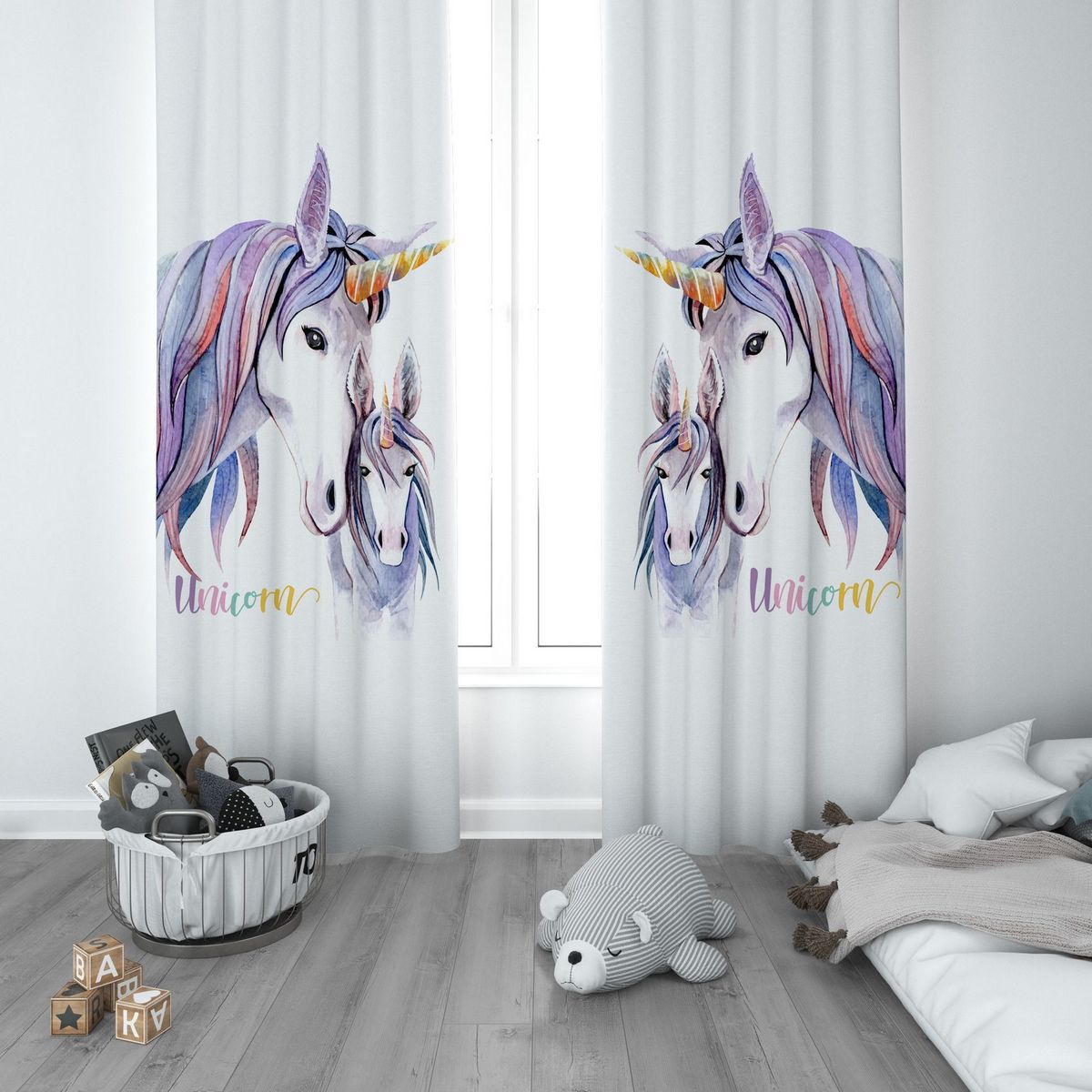 Yavru Unicorn Annesi ve Yıldızlar Çocuk Odası Perdesi