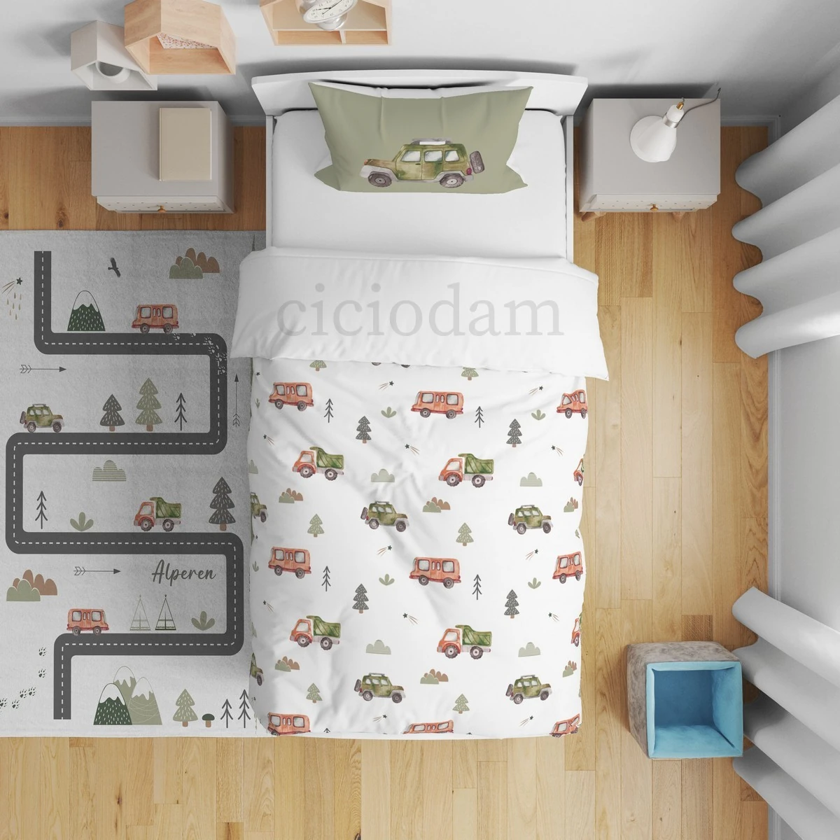 Yeşil Araba Yol Ağaçlar Nevresim