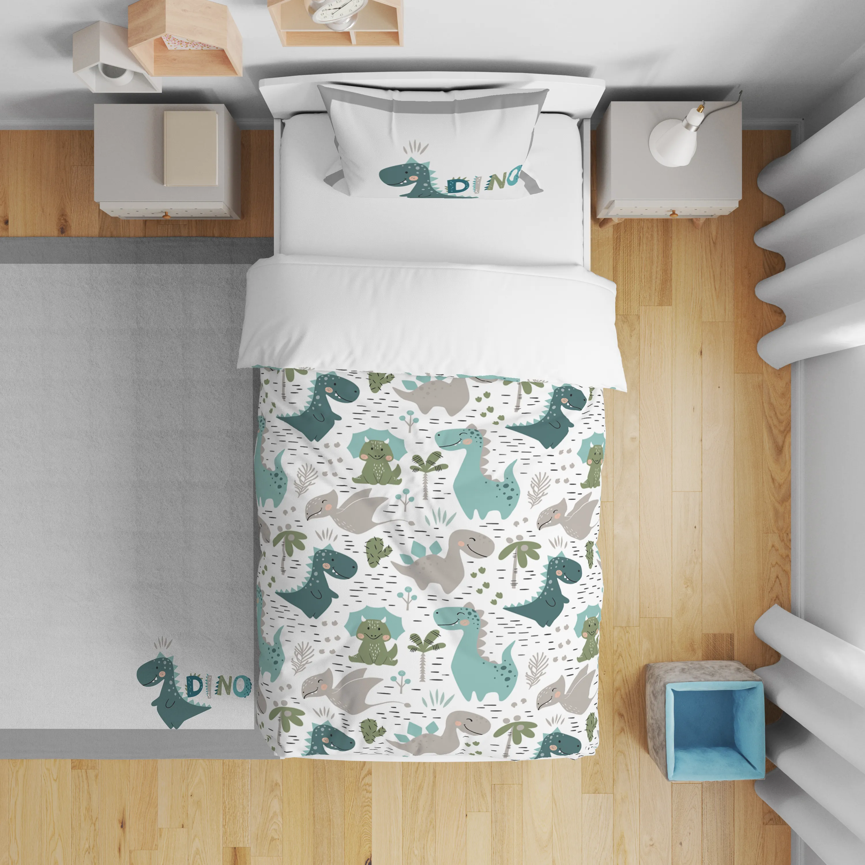 Mavi Gri Dinozorlu Nevresim