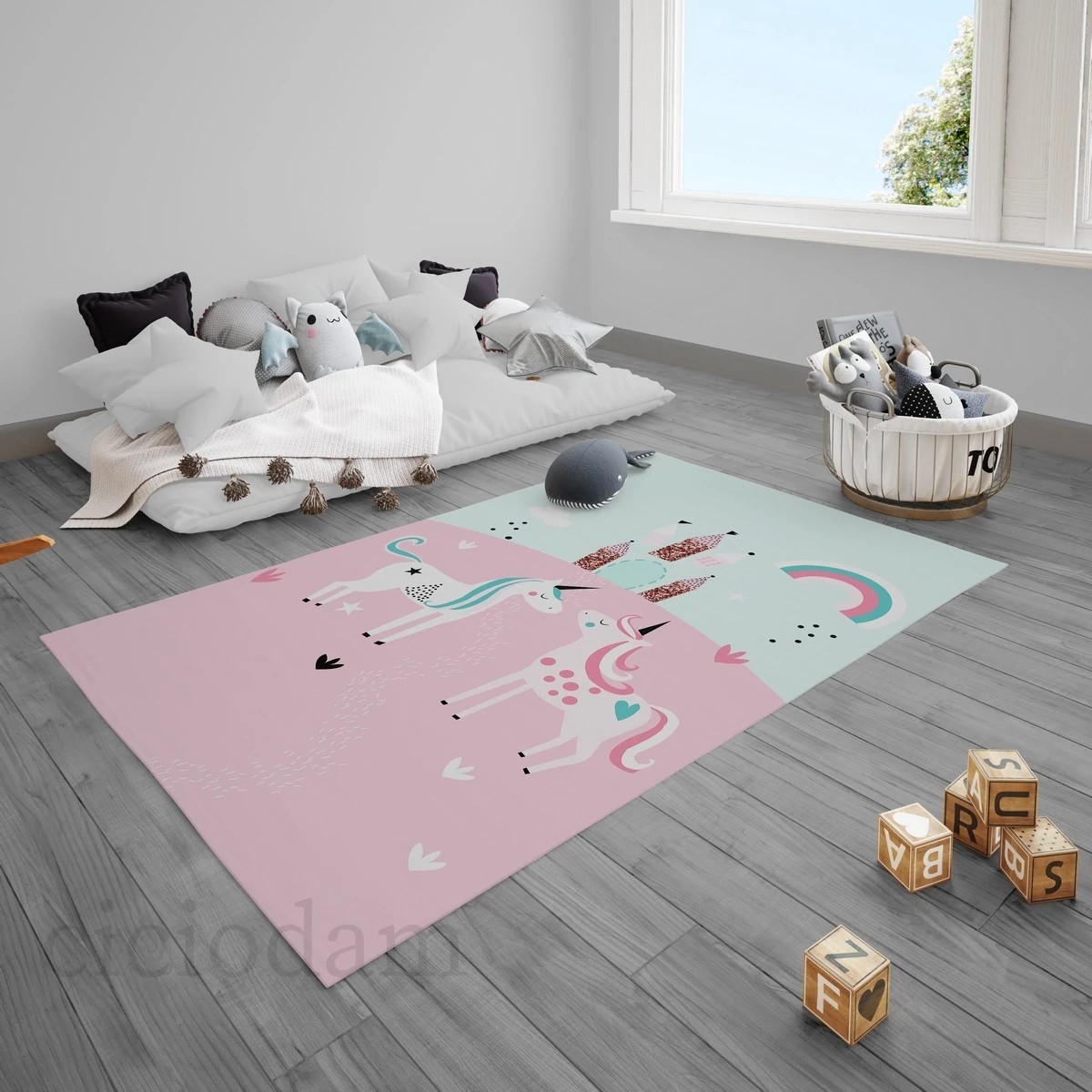 Unicorn Şato ve Gökkuşağı Çocuk Halısı
