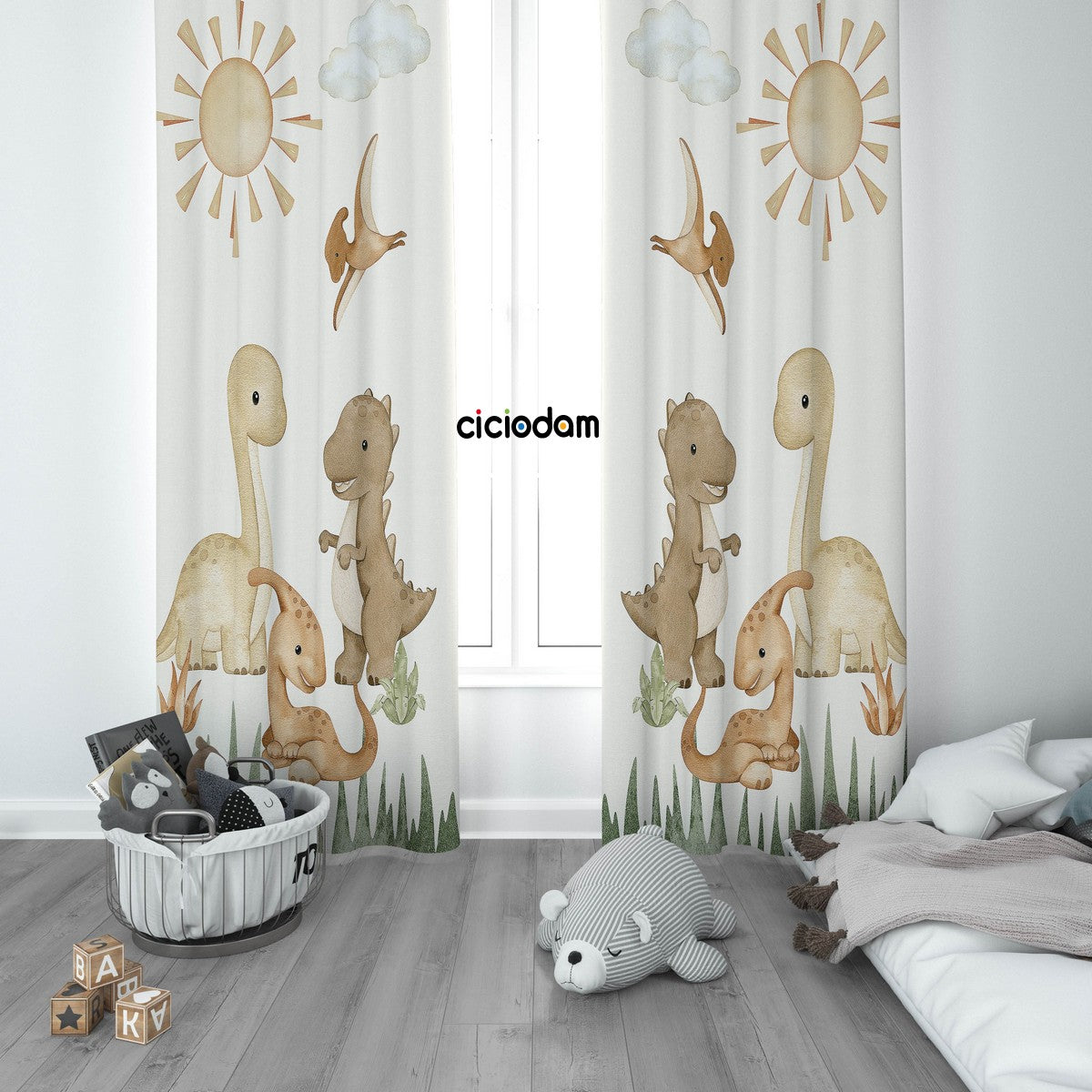 Dinozorlu Temalı Güneşli Bulutlu Çocuk Odası Perdesi 4221