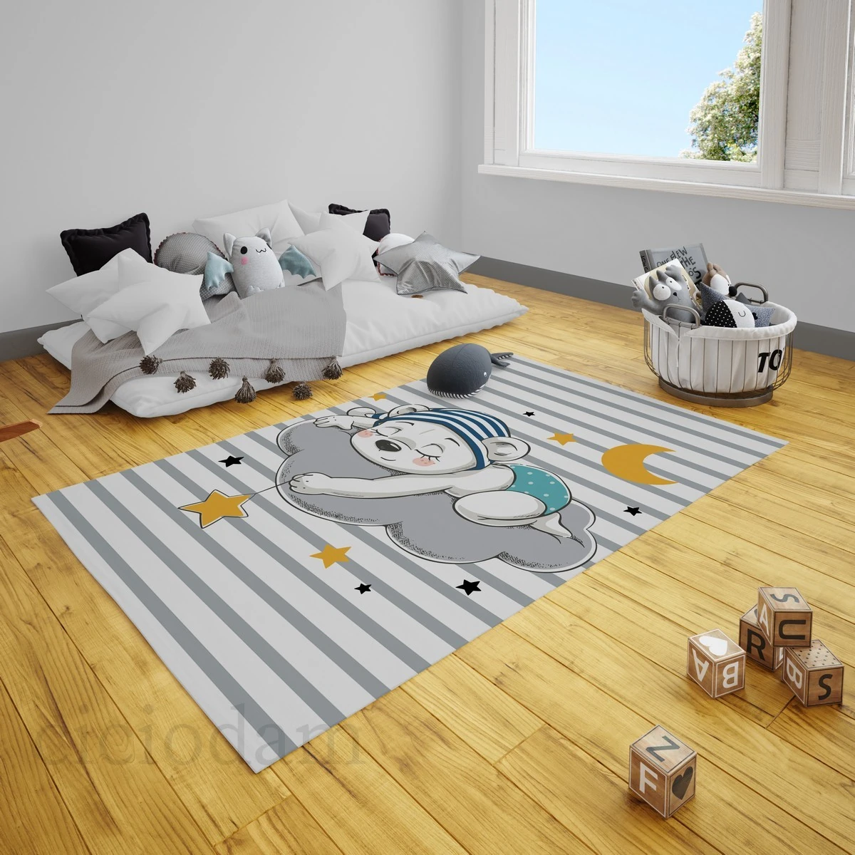 Çizgi Bulut Üstünde Uyuyan Ayı ve Yıldızlar Çocuk Halısı