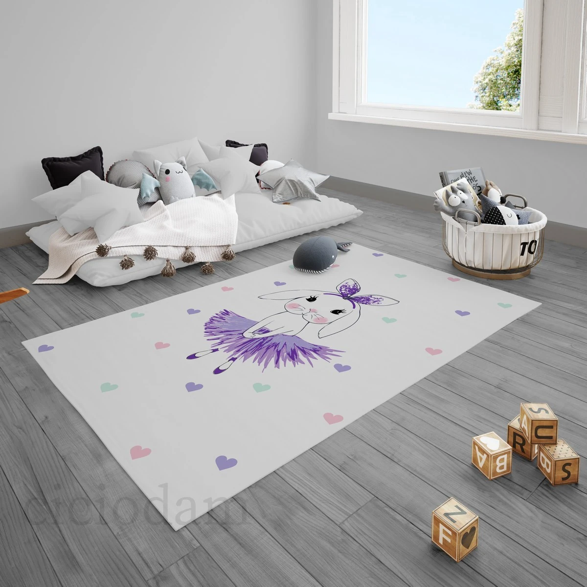 Balerin Tavşan ve Renkli Kalpler 5090 Çocuk Halısı