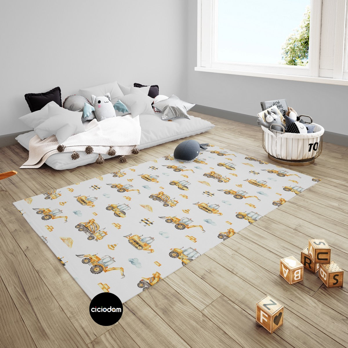 Sarı İnşaat Arabaları Kepçe Dozer Kamyon Çocuk Odası Halısı 4236-2